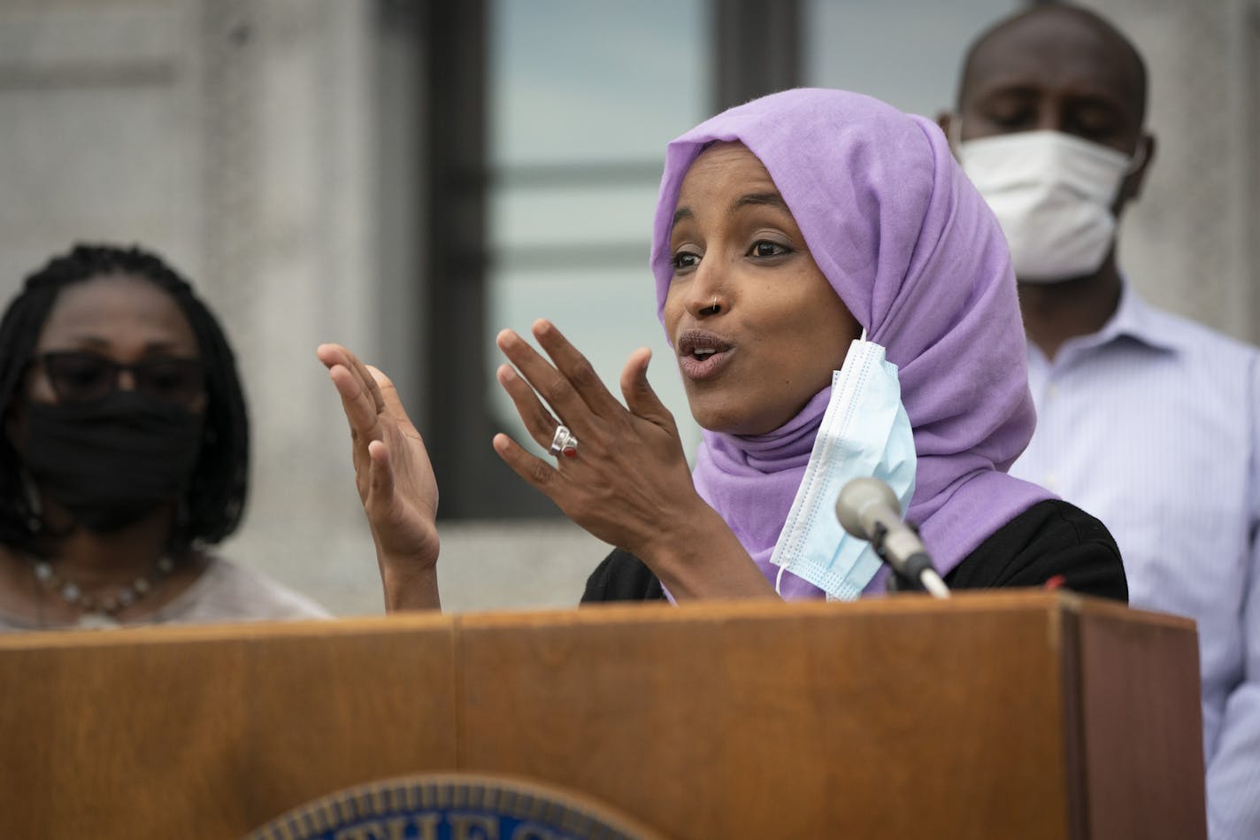 Rep. Ilhan Omar questioned why oppressed people are always asked to compromise when they are fighting for their rights after a question about their willingness to compromise on legislation during a press conference with the Legislature's People of Color and Indigenous Caucus about systematic racism and their push for legislative change in Minnesota in front of the State Office Building at the State Capitol in St. Paul, Minn., on Tuesday, July 7, 2020. . ] RENEE JONES SCHNEIDER renee.jones@startr