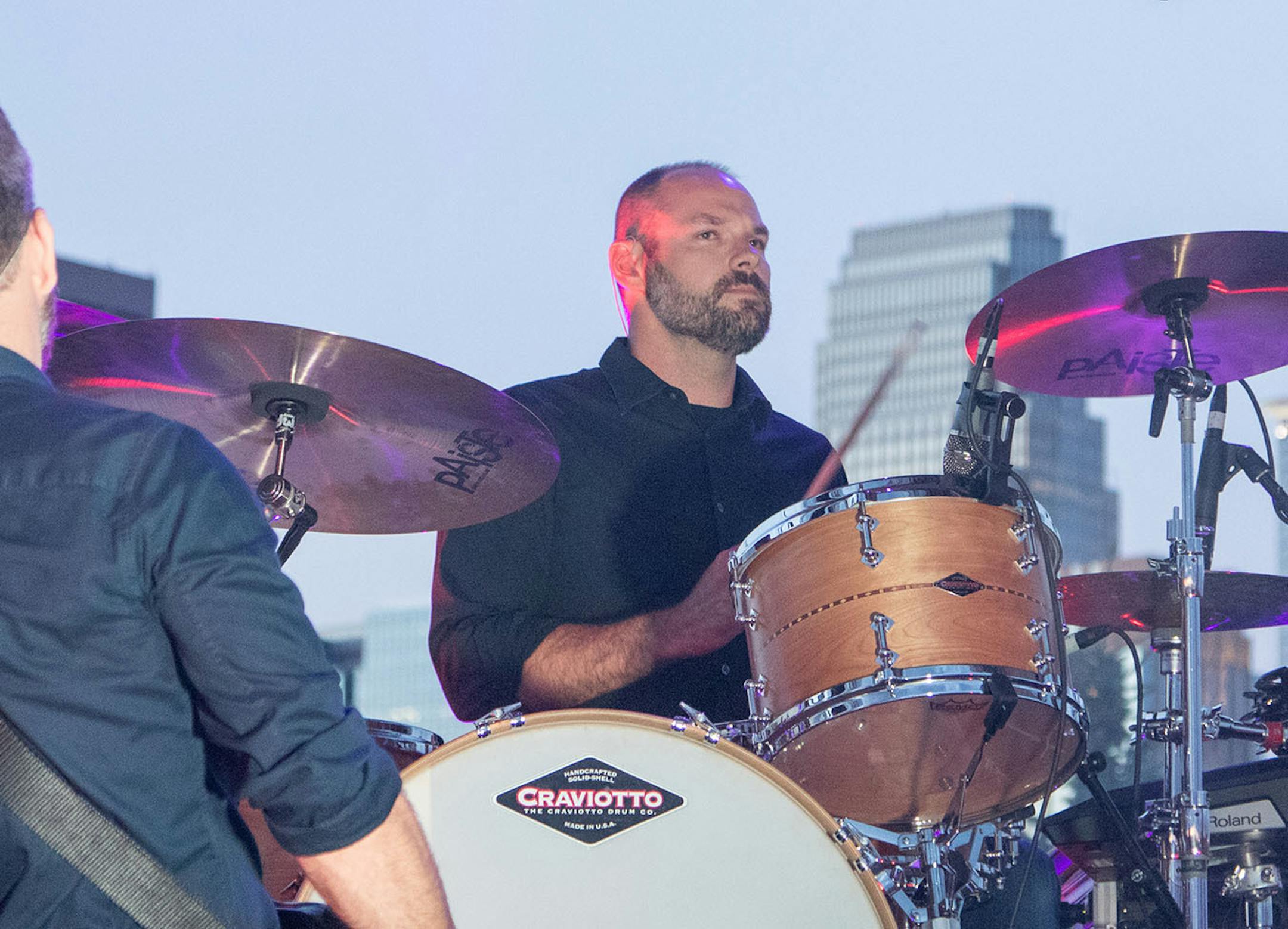 Death Cab for Cutie drummer Jason McGerr performs with the Minneapolis skyline as the backdrop on the Great Clips Stage on day one of the 2016 Basilica Block Party on July 8, 2016 at the Basilica in Minneapolis, Minn. [ Special to Star Tribune, photo by Matt Blewett, matt@mattebphoto.com, Basilica Block Party 2016, 550335 BASILICA070916