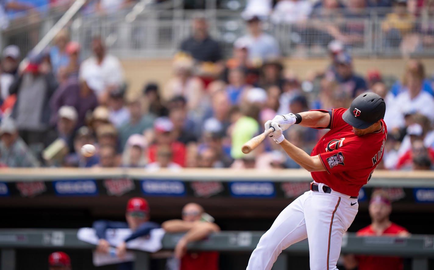 Minnesota Twins first baseman Alex Kirilloff (19) hit an RBI single in the first inning, scoring Carlos Correa Sunday afternoon, June 26, 2022 at Target Field in Minneapolis. The Minnesota Twins faced the Colorado Rockies in an interleague MLB baseball game. ] JEFF WHEELER • Jeff.Wheeler@startribune.com