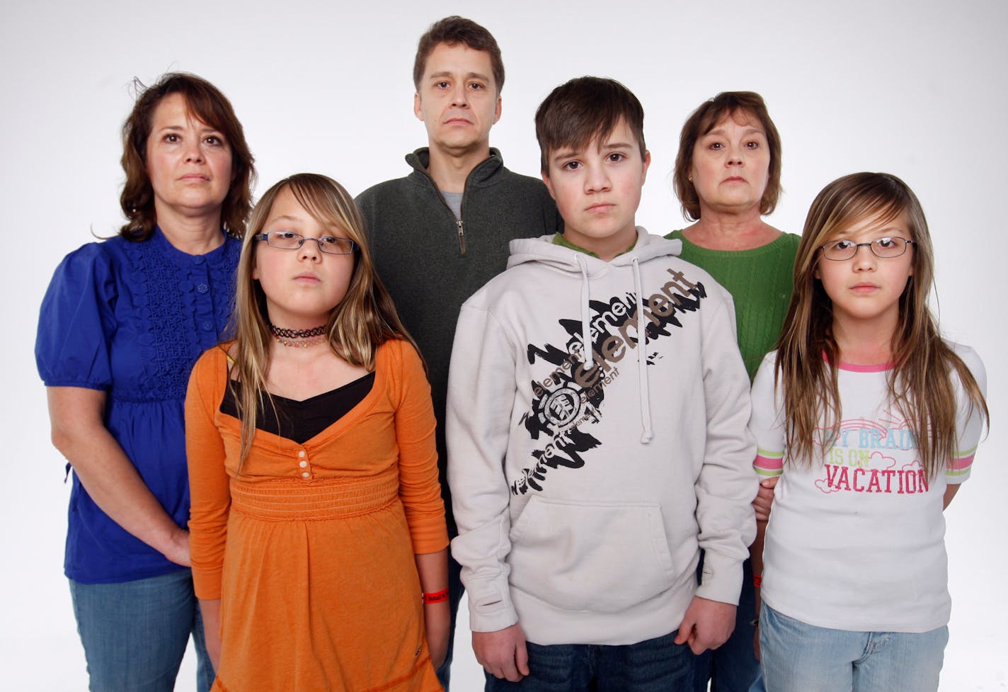 Pictured: Ginger Lorentz, at left in back, with her children Shelby, Isaac and Shanice in front. Her brother Jeff Almer and her sister Vickie Hammes are behind the kids. They are some of Shirley Mae Almer's relatives.