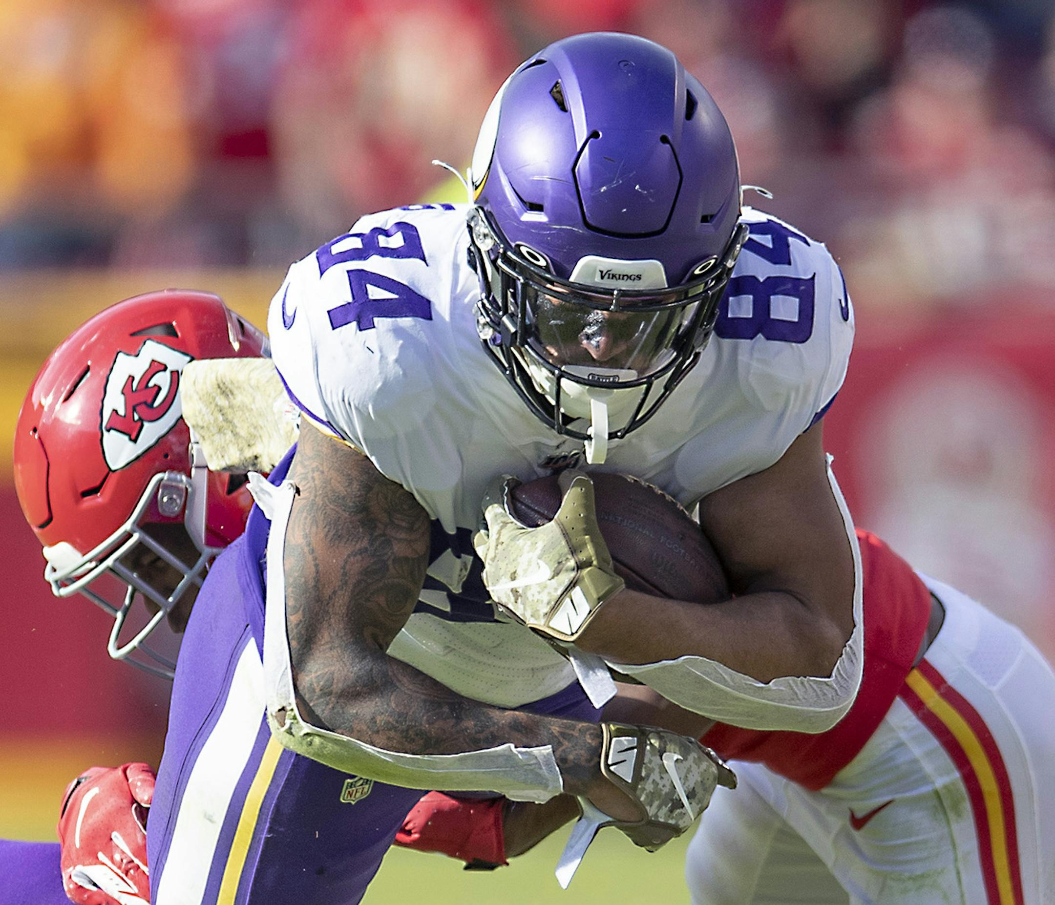 Vikings tight end Irv Smith hurdled a Kansas City defender before being tackled by Chiefs strong safety Tyrann Mathieu in the third quarter. ] ELIZABETH FLORES &#x2022; liz.flores@startribune.com Vikings at Kansas City Chiefs at Arrowhead Stadium, Sunday, November 3, 2019 in Kansas City, MO.