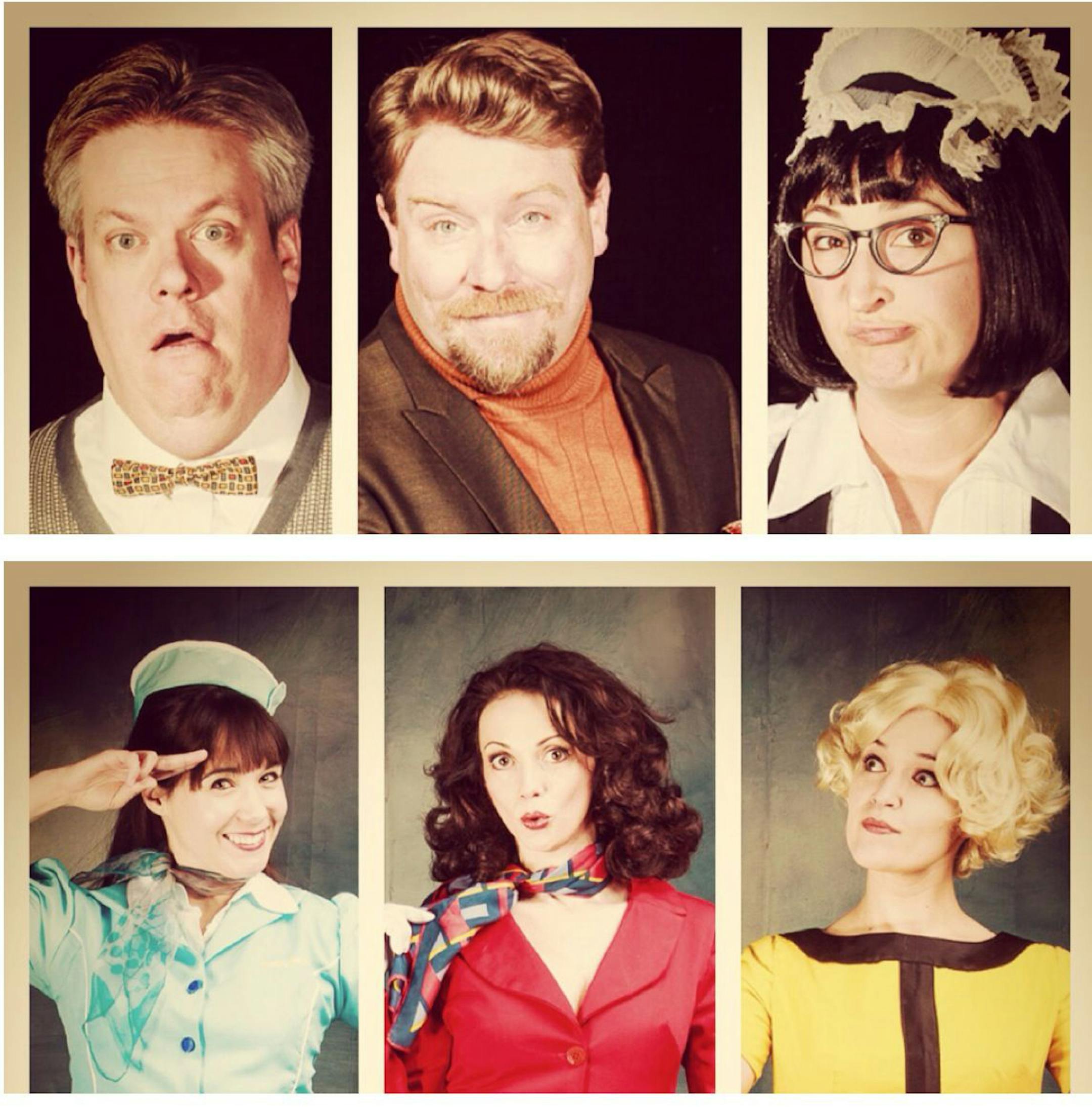 (Clockwise from upper left) Zach Curtis, Sam Landman, Mo Perry, Sara Richardson, Stacia Rice and Rachel Finch in "Boeing Boeing."