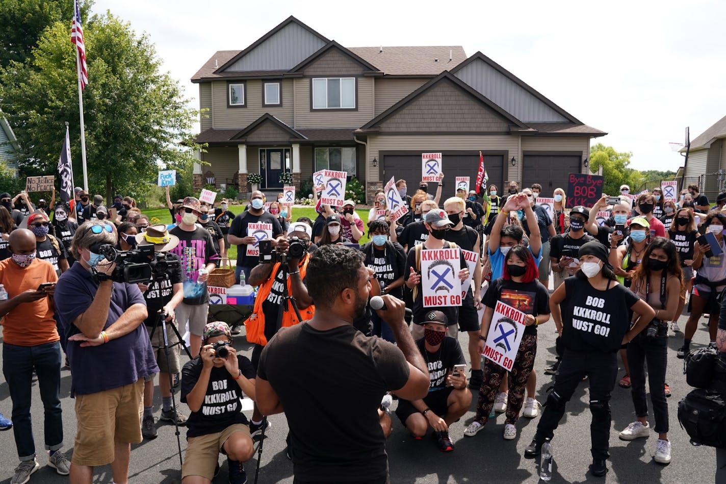 Toussaint Morrison spoke to more than 100 Black Lives Matter protesters as they rallied outside the home of Minneapolis Police Federation president Bob Kroll and his wife WCCO reporter Liz Collin on Saturday, Aug. 15.