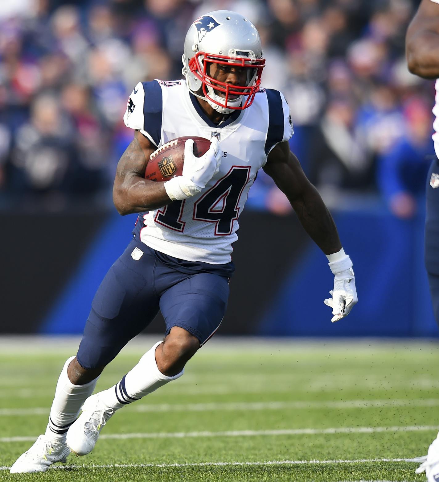 New England Patriots wide receiver Brandin Cooks (14) runs with the ball against the Buffalo Bills during the first half of an NFL football game, Sunday, Dec. 3, 2017, in Orchard Park, N.Y. The Patriots won 23-3. (AP Photo/Rich Barnes) ORG XMIT: NYOTK