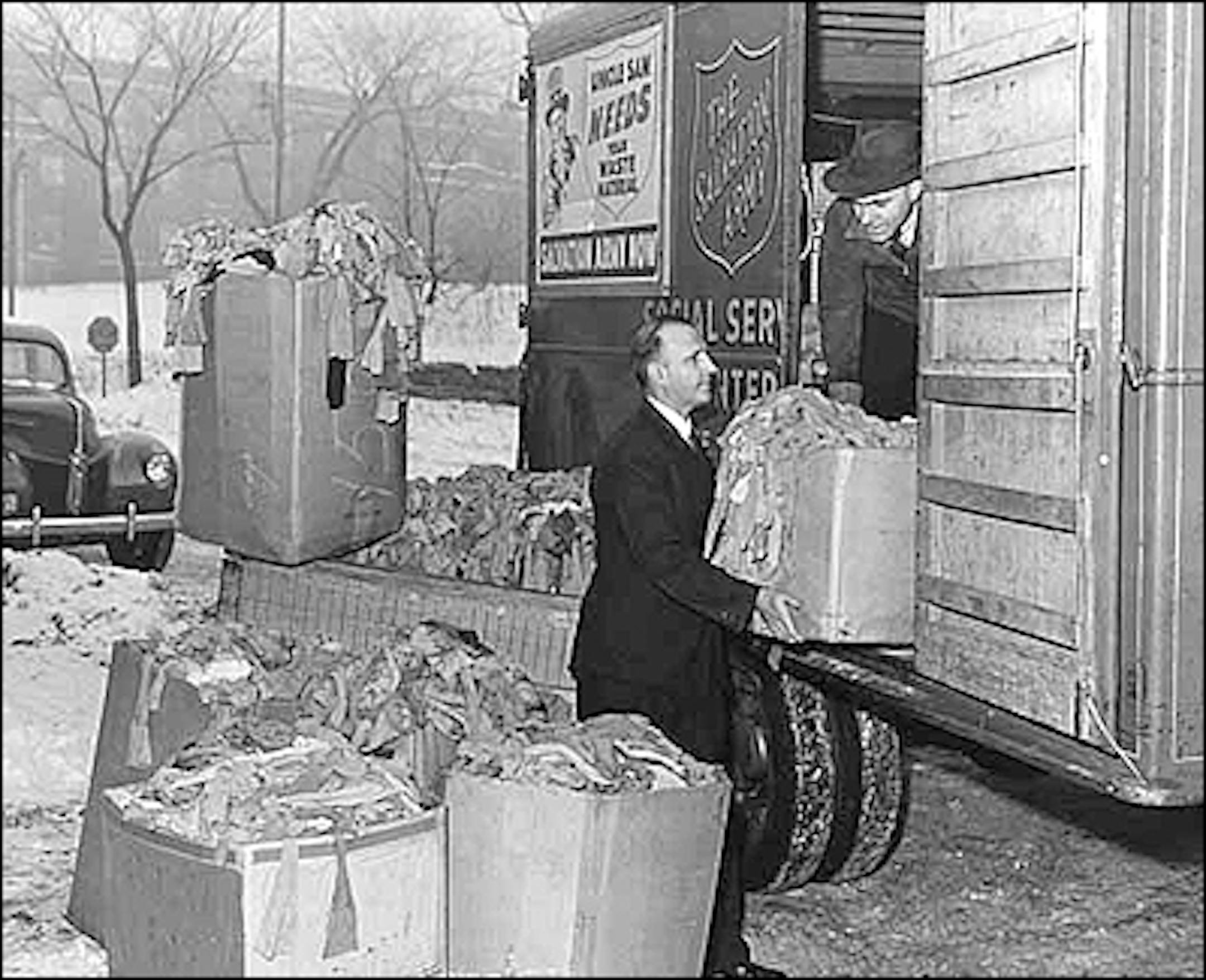 Louis Maurer, superintendent of Mother Friend Laundry, helped load laundered silk stockings into Salvation Army truck in 1943. Sixty-five years later, a question: Why launder stockings and then donate them as scrap material? OK, one more question: Did laundries typically have a superintendent back then?