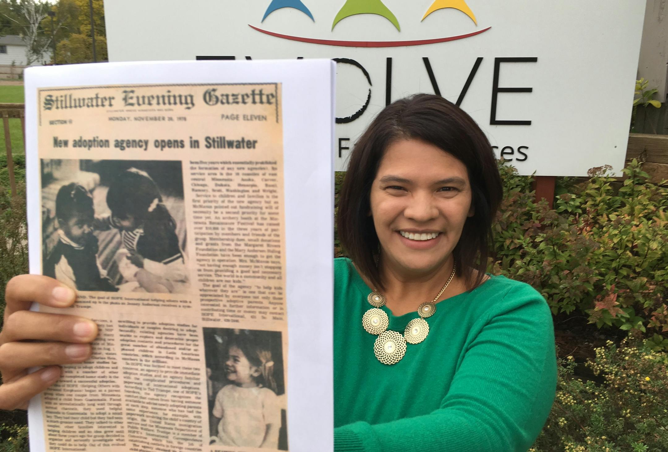 Ali Adsit, adopted by Ted and Carmen Trampe of North St. Paul when she was a baby, was pictured on the front page of a Stillwater newspaper at age 2. Now she is 41 and serves on the board of the EVOLVE adoption agency.