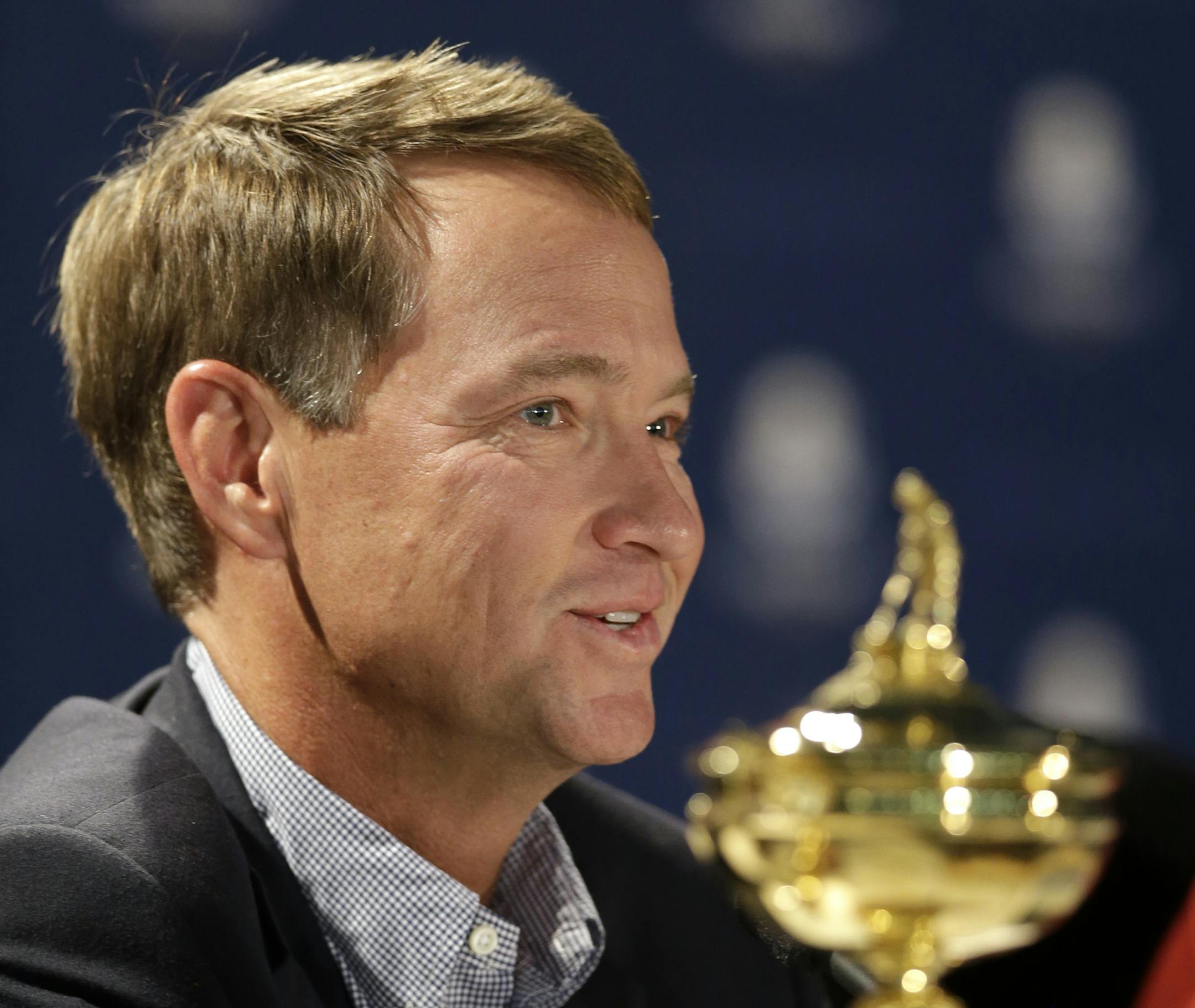 USA captain Davis Love III answered a question during a news conference at the Ryder Cup PGA golf tournament at the Medinah Country Club in Medinah, Ill., in 2012. The 20-time winner on the PGA Tour will be named the American captain for next year's tournament at Hazeltine Country Club in Chaska, Golf Channel insider Tim Rosaforte reported Monday night.