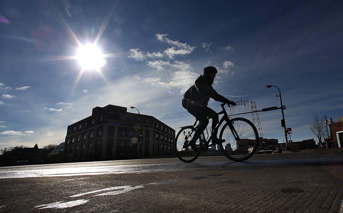 Bicycle and pedestrian counts have increased over the past five years by more than 50% and 20% respectively, mostly in Minneapolis, but also in some suburbs and St. Paul. Traffic is often busy with both bicyclists and pedestrians at the intersection of 15th Avenue and SE. 4th Street in Dinkytown (intersection shown in photo).