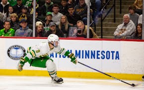 Edina forward Mason West reaches to control the puck during the first period Saturday.