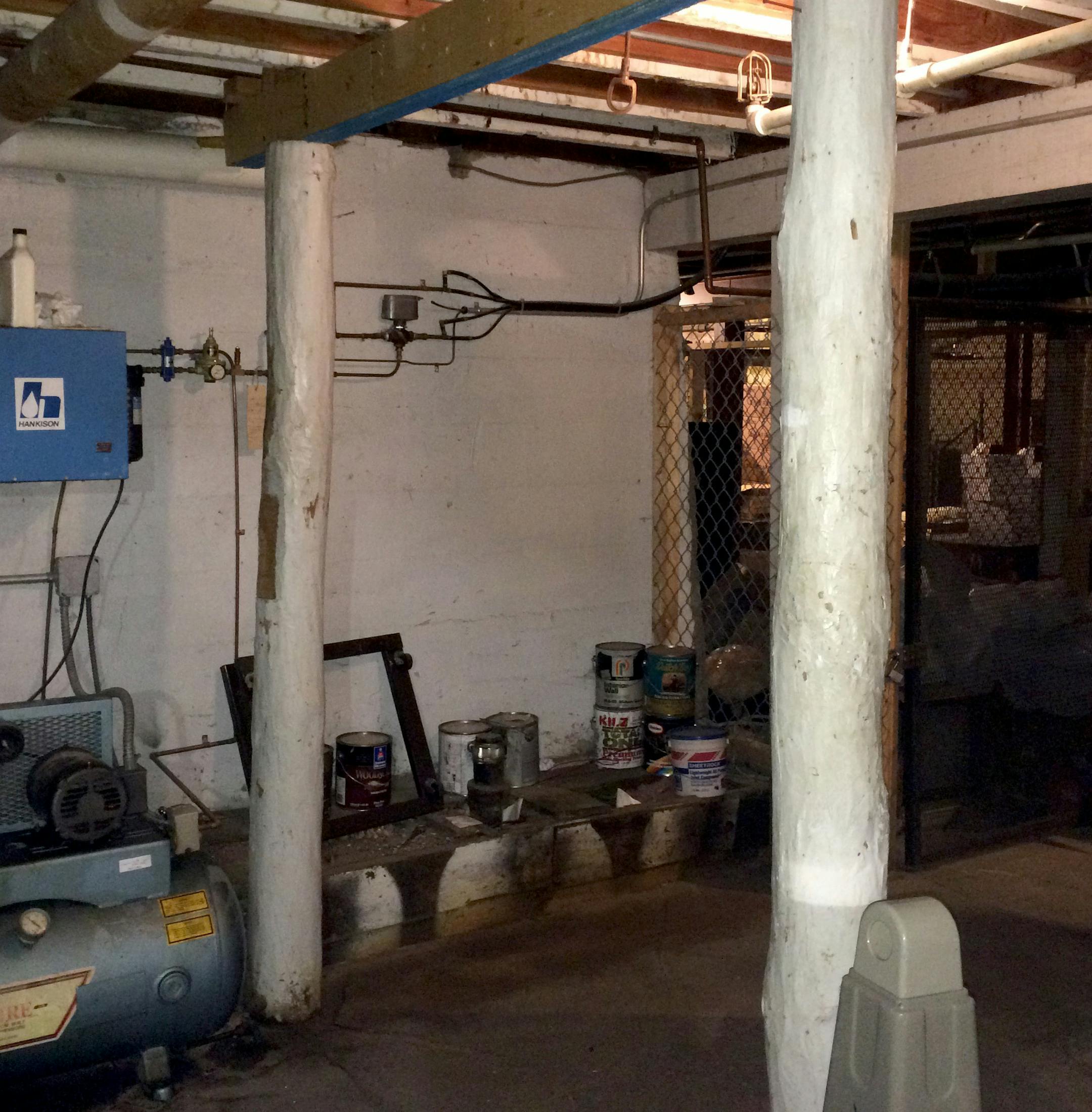 In the basement of Brookview Community Center, tree trunks serve as posts holding up the floor. Parts of the building are nearly 100 years old.