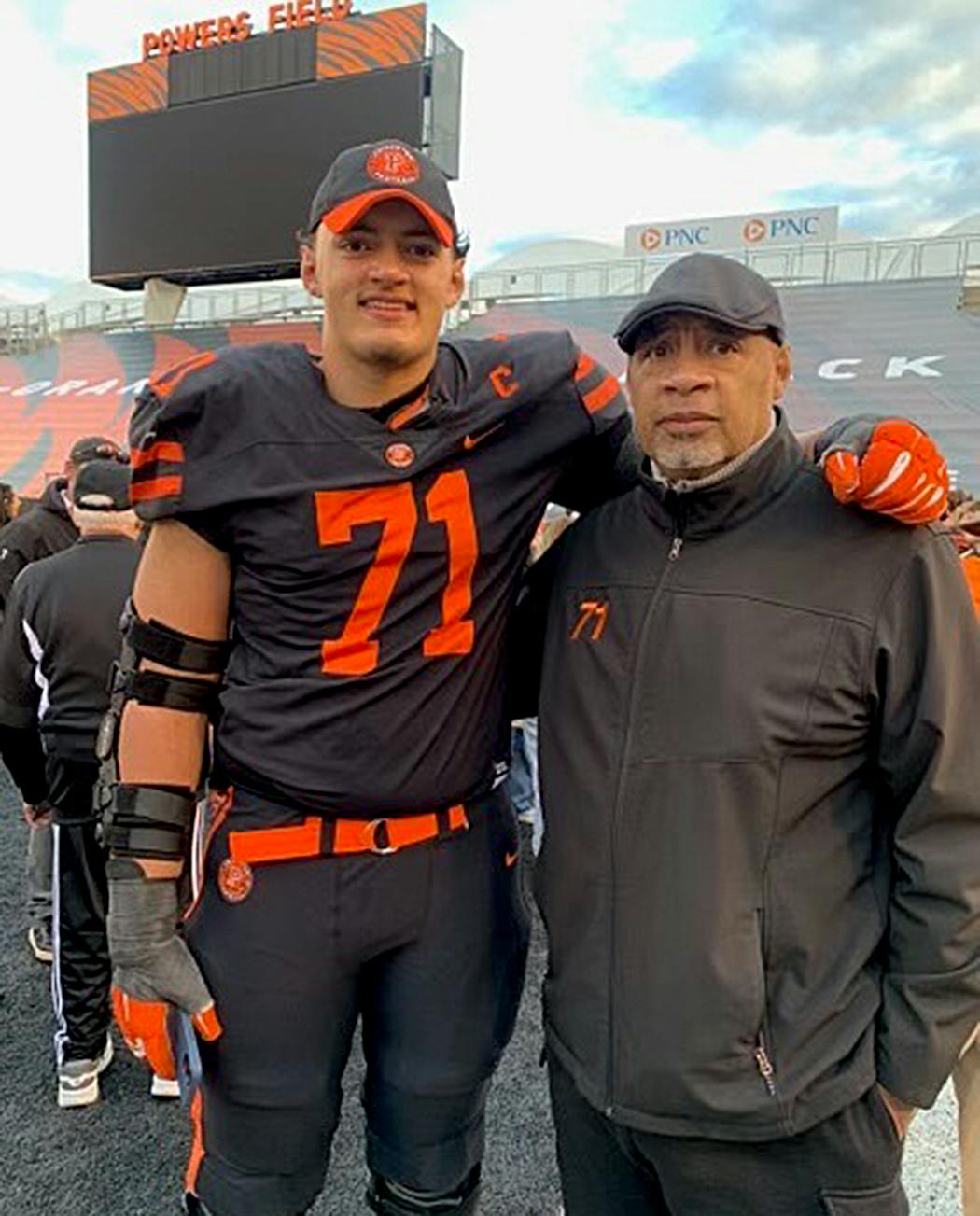 Jalen Travis of Princeton football with his dad, Nate.