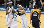 Lynx forward Maya Moore (23) celebrated with guard Lindsay Whalen (13) and center Sylvia Fowles (34) during the WNBA Finals in October.