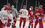 Macklin Celebrini (71) and his Boston University teammates practice Wednesday at Xcel Energy Center, tuning up for Thursday's NCAA semifinal against D