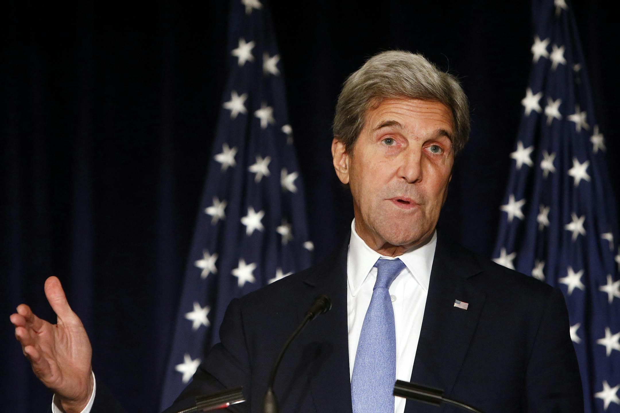 FILE - In this Sept. 22, 2016 file photo, Secretary of State John Kerry speaks in New York. Kerry is threatening to cut off all contacts with Moscow over Syria, unless Russian and Syrian government attacks on Aleppo end. The State Department says Kerry issued the ultimatum in a Wednesday, Sept. 28, 2016, telephone call to Russian Foreign Minister Sergey Lavrov.(AP Photo/Jason DeCrow, File)
