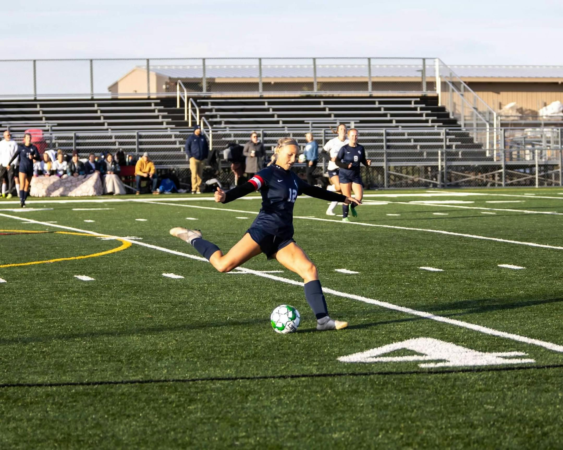 St. Francis girls' soccer player Mattisyn Mensink (12) kicked the ball against Zimmerman in a Class 2A, Section 6 final on Oct. 21, 2021. (Tony Hoglund)