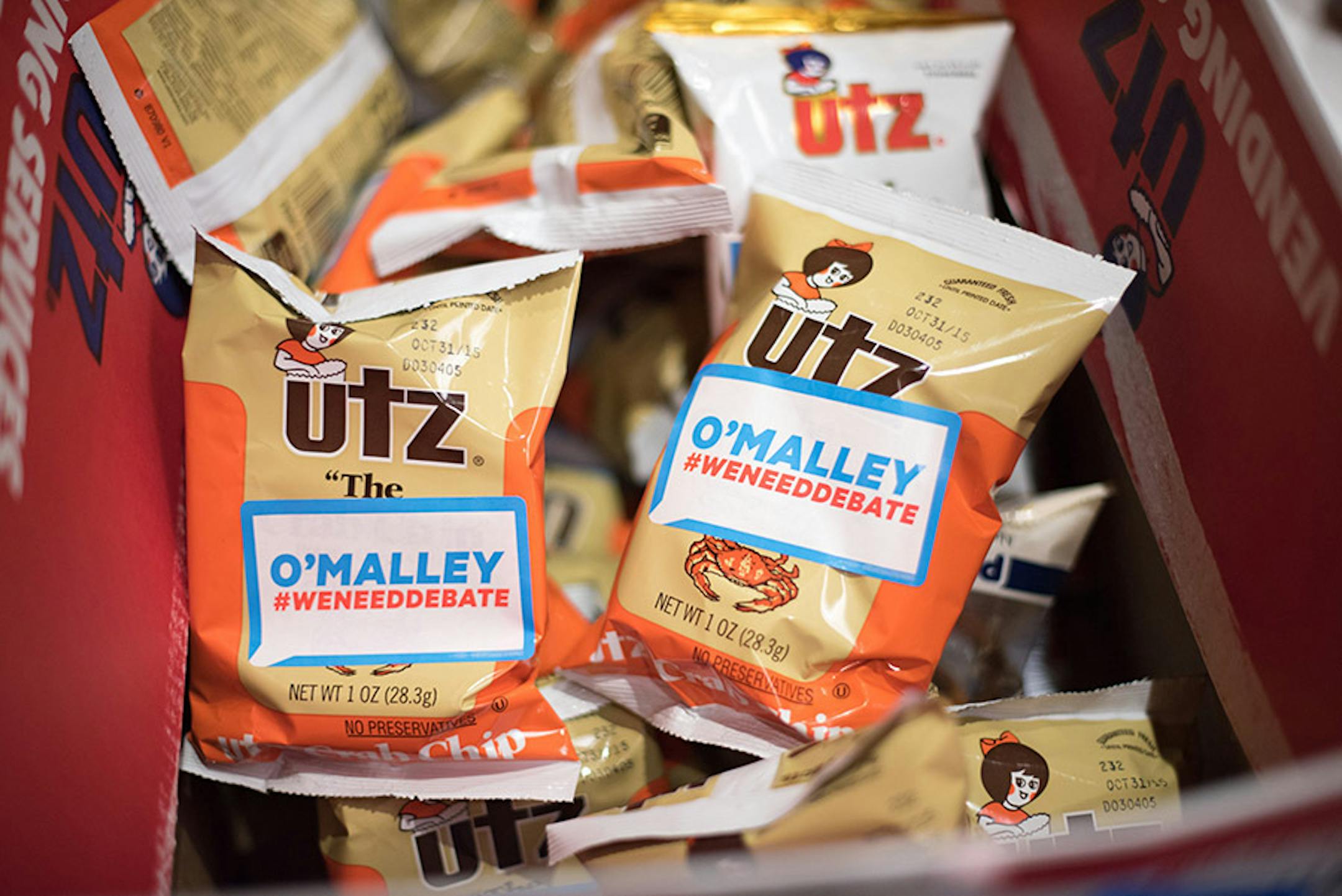 Maryland Governor Martin O'Malley supporters handed out free bags of crab-flavored uts potato chips in the O'Malley hospitality room. Utz is a Maryland-based company.