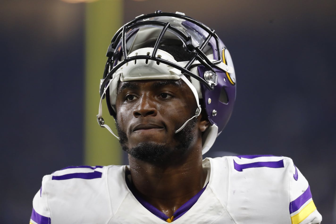 Minnesota Vikings wide receiver Laquon Treadwell is seen in the bench area during the second half of an NFL football game against the Detroit Lions, Thursday, Nov. 24, 2016 in Detroit. (AP Photo/Paul Sancya) ORG XMIT: MIN2016112822081083