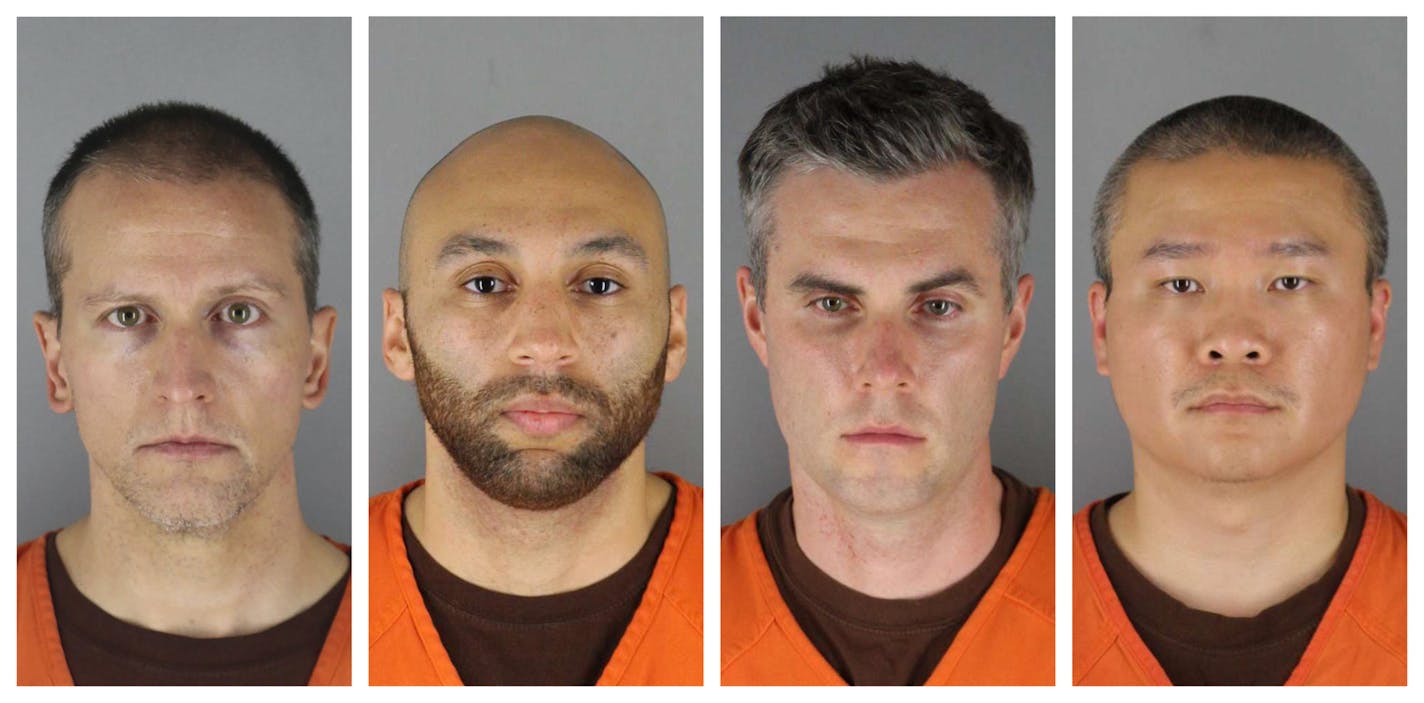 FILE - This combination of photos provided by the Hennepin County Sheriff's Office in Minnesota on Wednesday, June 3, 2020, shows Derek Chauvin, from left, J. Alexander Kueng, Thomas Lane and Tou Thao. Chauvin is charged with second-degree murder of George Floyd, a Black man who died after being restrained by him and the other Minneapolis police officers on May 25. Kueng, Lane and Thao have been charged with aiding and abetting Chauvin. Video from the body cameras of two officers charged in the