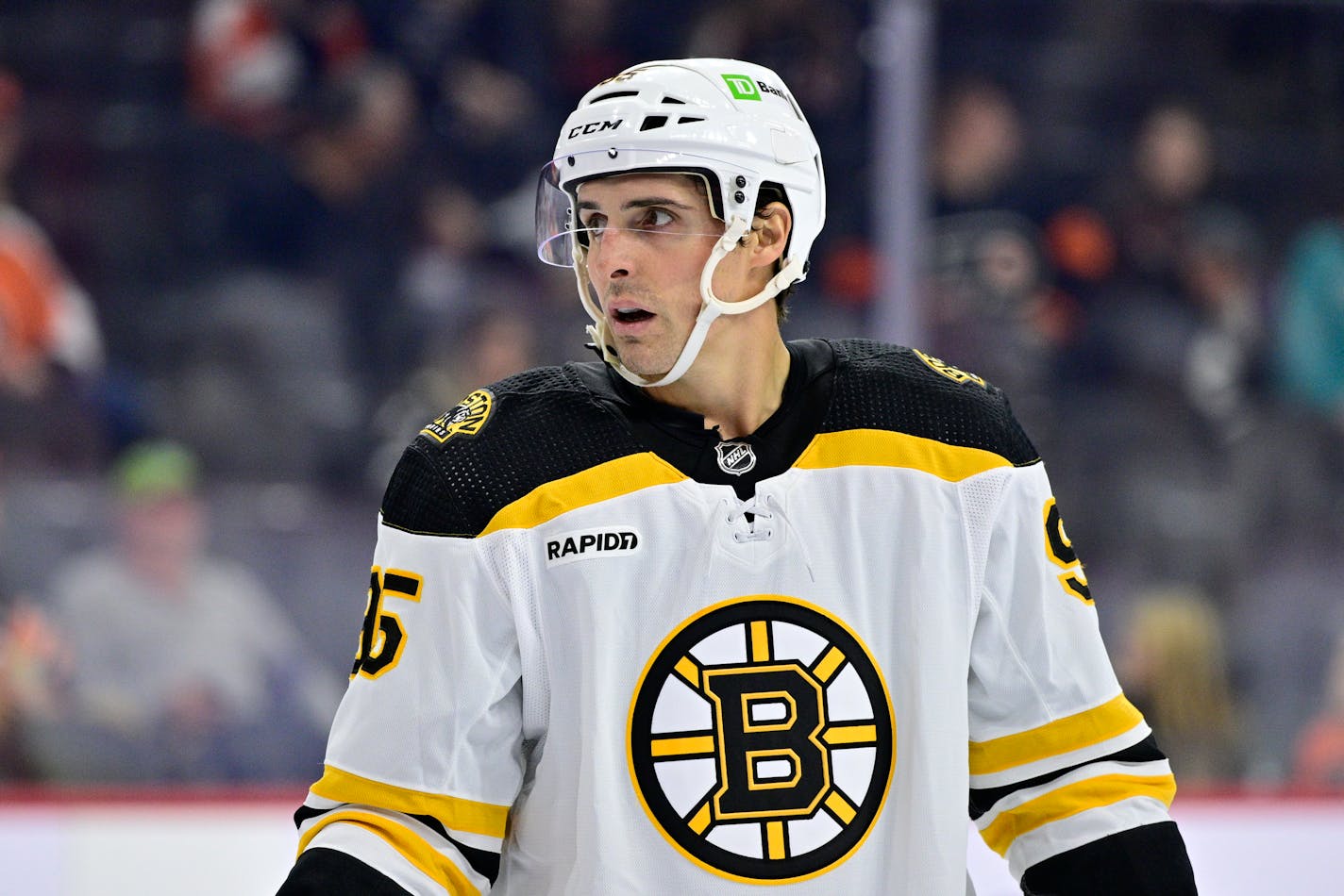 Boston Bruins' Vinni Lettieri in action during a preseason NHL hockey game against the Philadelphia Flyers, Saturday, Sept. 24, 2022, in Philadelphia. (AP Photo/Derik Hamilton)