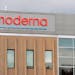 The Moderna logo is seen at the company's campus in Norwood, Massachusetts, on December 2, 2020, where the biotechnology company is mass producing its
