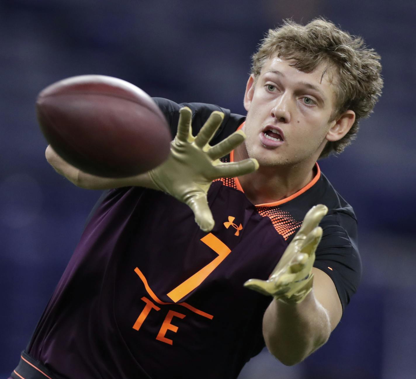 Iowa tight end T.J. Hockenson runs a drill at the NFL football scouting combine in Indianapolis, Saturday, March 2, 2019. (AP Photo/Michael Conroy) ORG XMIT: INMC102