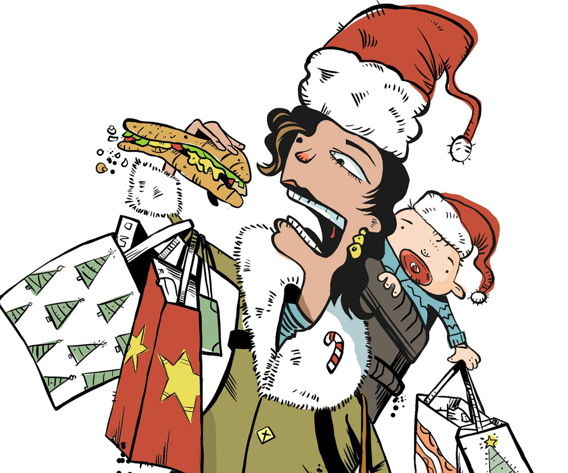 300 dpi Tim Lee color illustration of woman struggling to eat a sandwich while balancing holiday shopping bags and baby. (The News & Observer/MCT) holiday lunch illustration hurried eating shopping busy multitasking baby mall bags sandwich food court nutrition diet santa claus hat stress mother mom, krtbusiness business, krtfeatures features, krtlifestyle lifestyle, krtnational national, leisure, krt, mctillustration, gastronomy, krtfood food, krtchristianity christianity, krtchristmas christmas