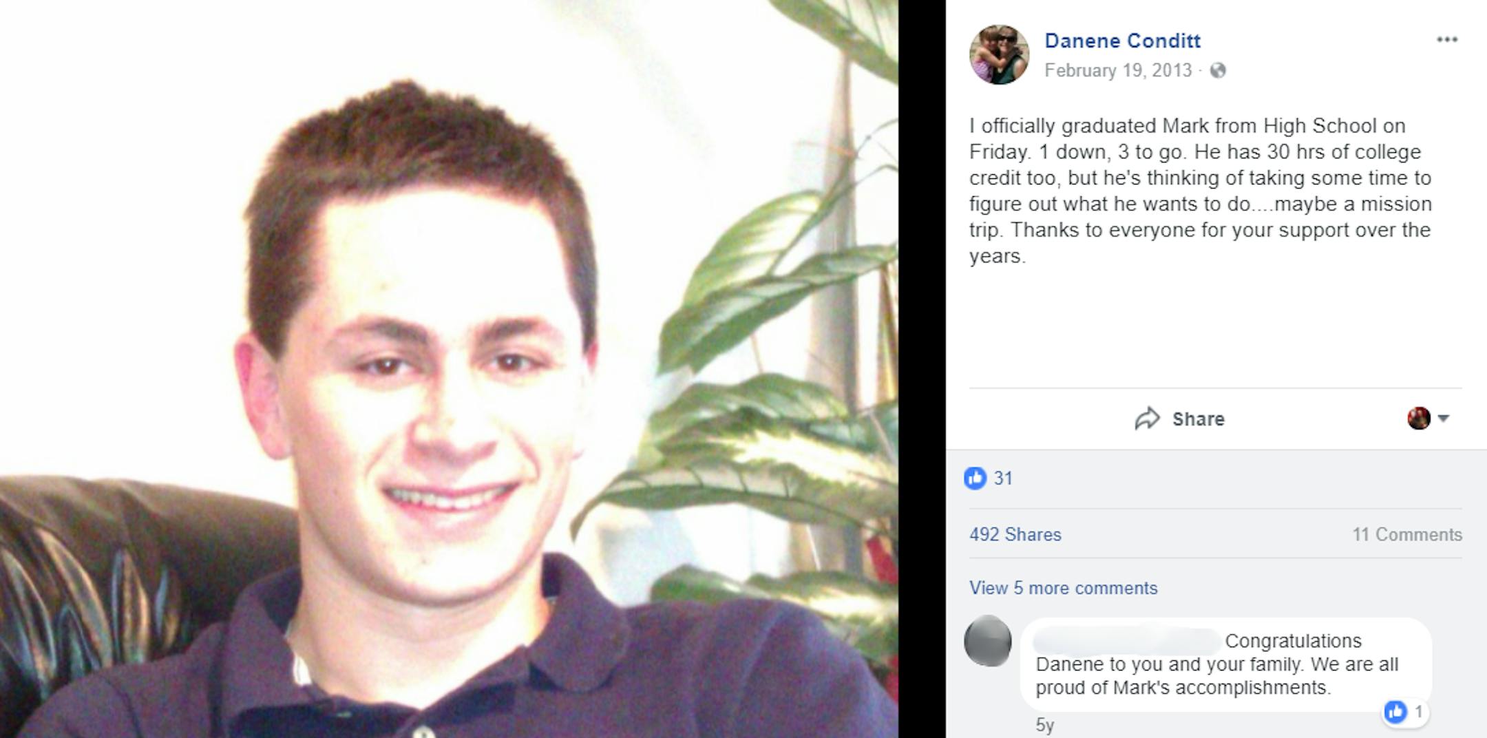 A Facebook post by Danene Conditt said that her son Mark had graduated from high school. Mark Anthony Conditt has been identified as the Austin, Tex., serial bomber.