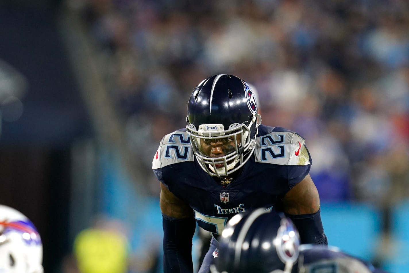 Tennessee Titans running back Derrick Henry (22) lines up for the snap during a Monday Night NFL football game against the Buffalo Bills, Monday, Oct. 18, 2021, in Nashville, Tenn. (AP Photo/Matt Patterson)