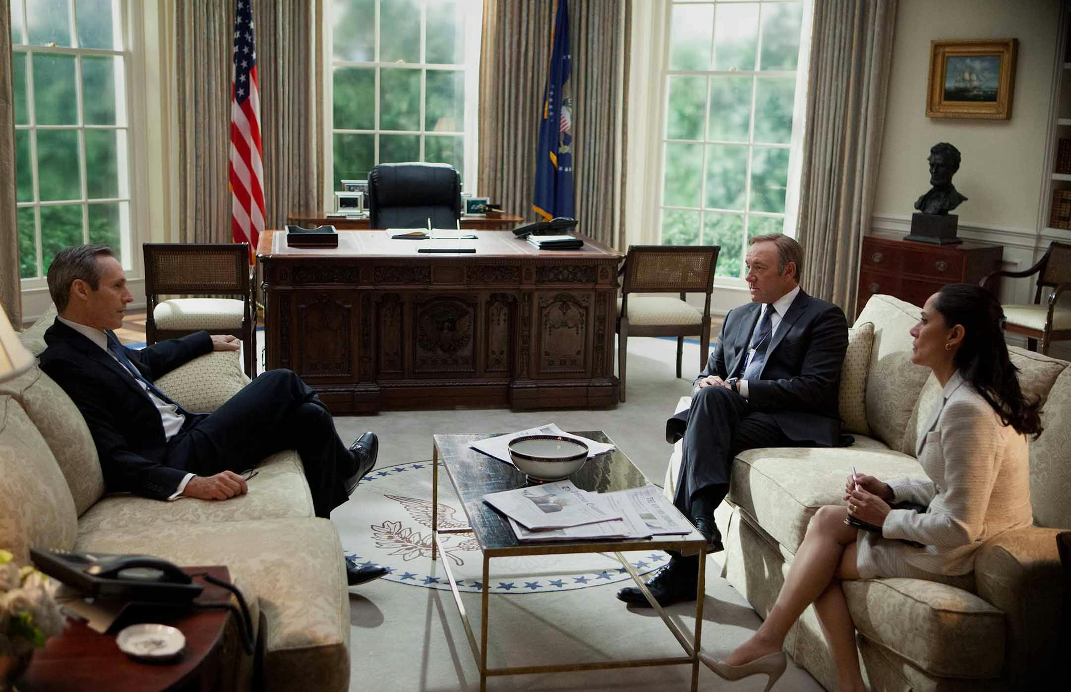 In an undated handout photo, from left: Michael Gill, Kevin Spacey and Sakina Jaffrey in a scene from Netflix's "House of Cards," in which the plot is set in motion by a decision to retaliate. The machinations in the political series may be viewed as over the top, that is until considering the New Jersey traffic jam scandal with Gov. Chris Christie, an incident offering lessons on seeking retaliation for perceived slights. (Melinda Sue Gordon for Netflix via The New York Times) -- NO SALES; FOR