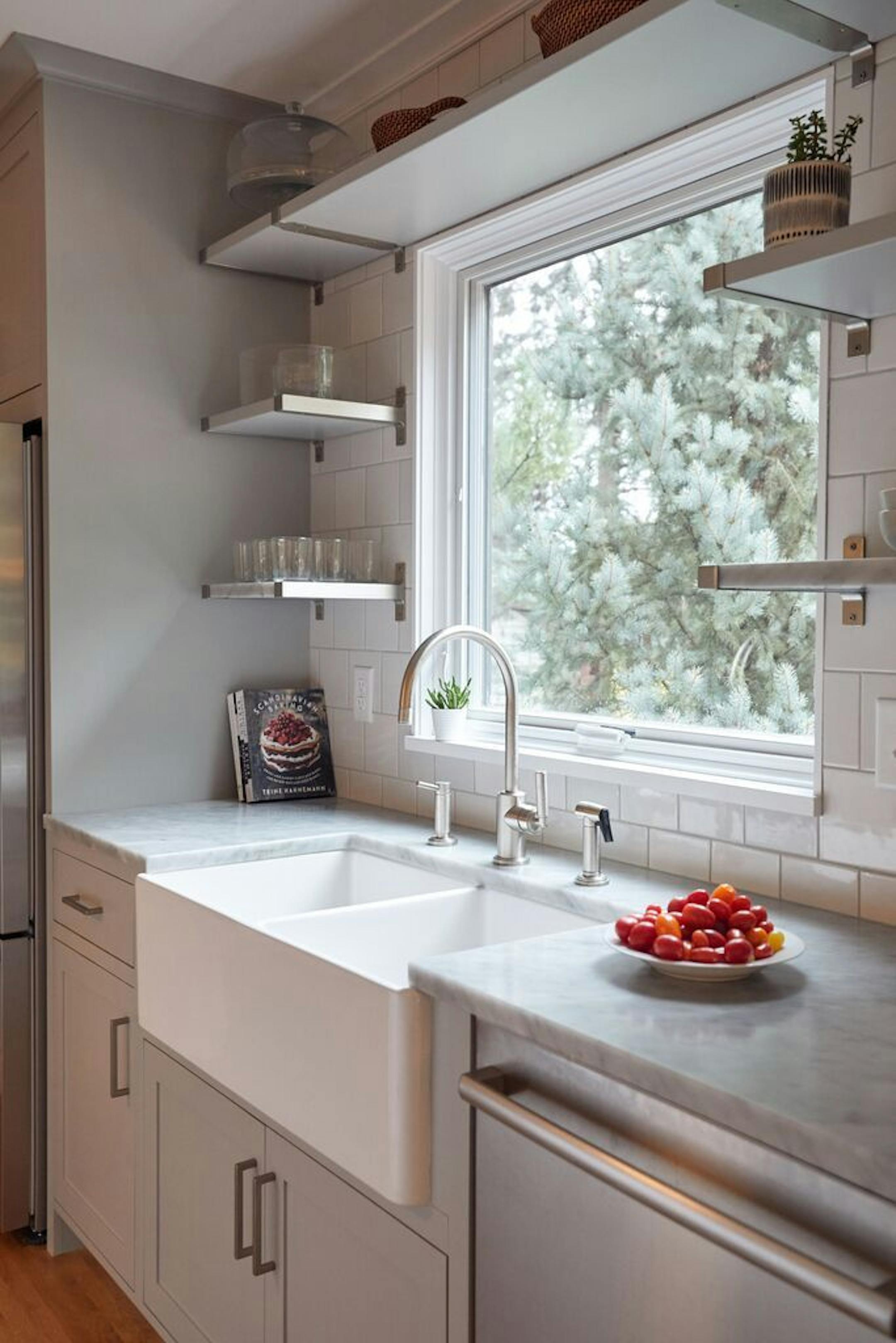 The countertop on the perimeter is Carrara marble.