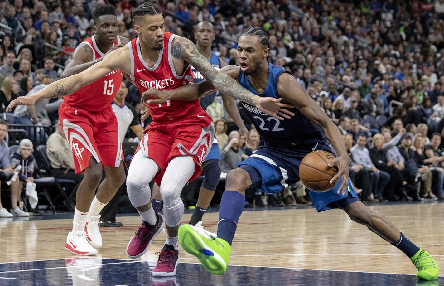 Minnesota Timberwolves Andrew Wiggins (22) ] CARLOS GONZALEZ &#xef; cgonzalez@startribune.com &#xf1; April 21, 2018, Minneapolis, MN, Target Center, NBA Playoffs, Basketball, Minnesota Timberwolves vs. Houston Rockets, Game 3