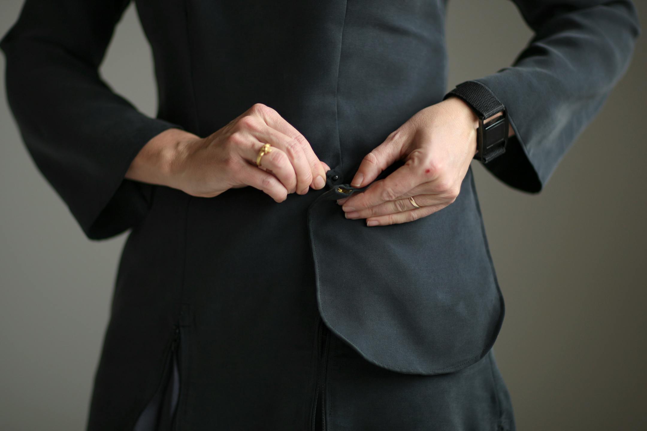 Detail of the removable pocket on the uniform that Sonya Berlovitz created for Kira Obolensky.