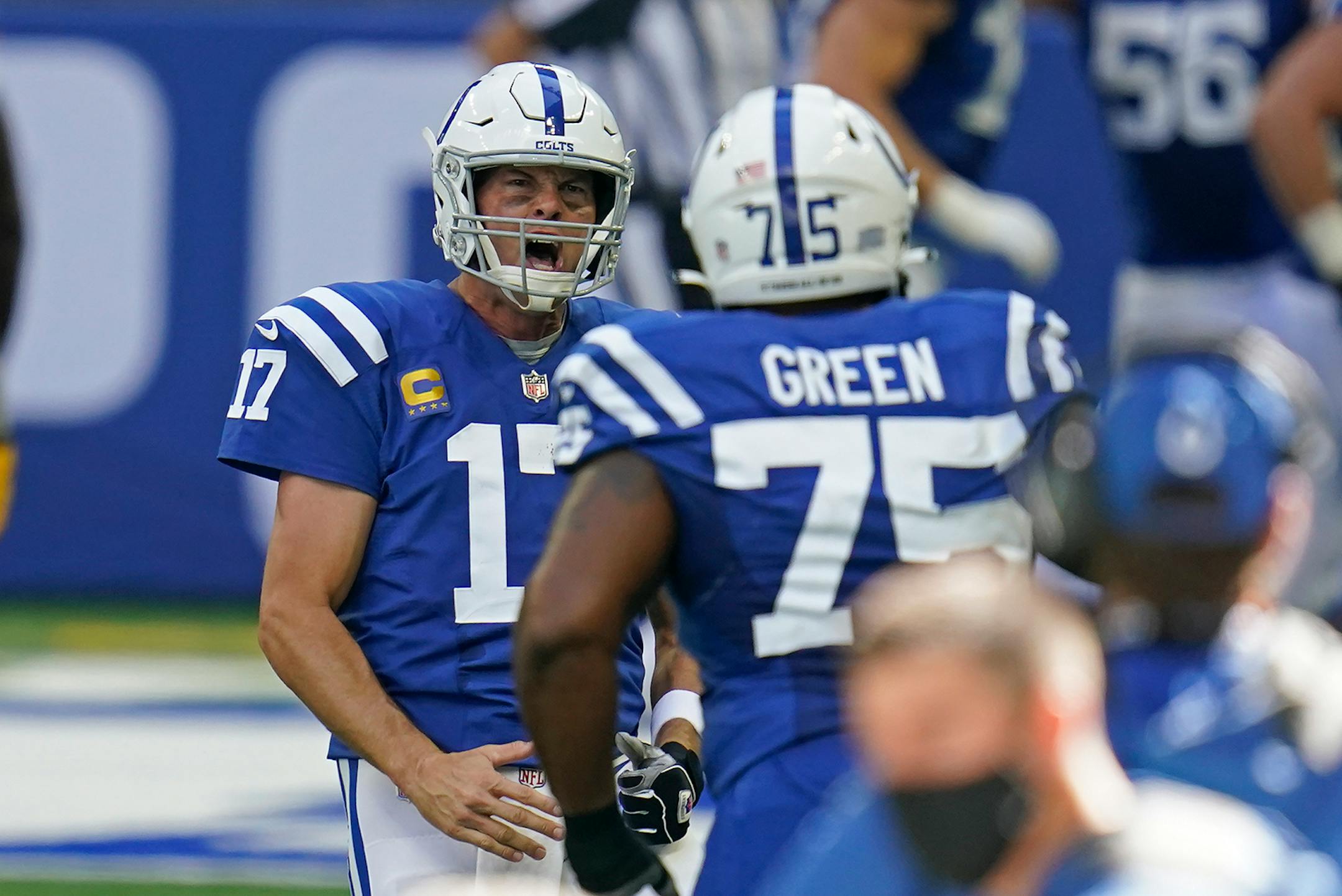 Indianapolis Colts quarterback Philip Rivers (17) reacts after throwing a touchdown pass during the second half of an NFL football game against the Minnesota Vikings, Sunday, Sept. 20, 2020, in Indianapolis.