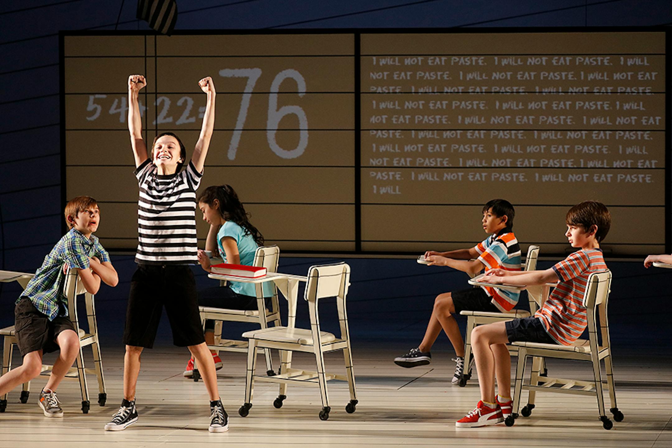 Greg played by Ricky Falbo, celebrates finding out he has won the spot of cartoonist, in the, Diary of a Wimpy Kid the Musical, premieres Friday at the Children's Theatre in Minneapolis, it will be the culmination of two years of work in the Twin Cities, New York and Chicago. The director is Rachel Rockwell, artistic director and Peter Brosius