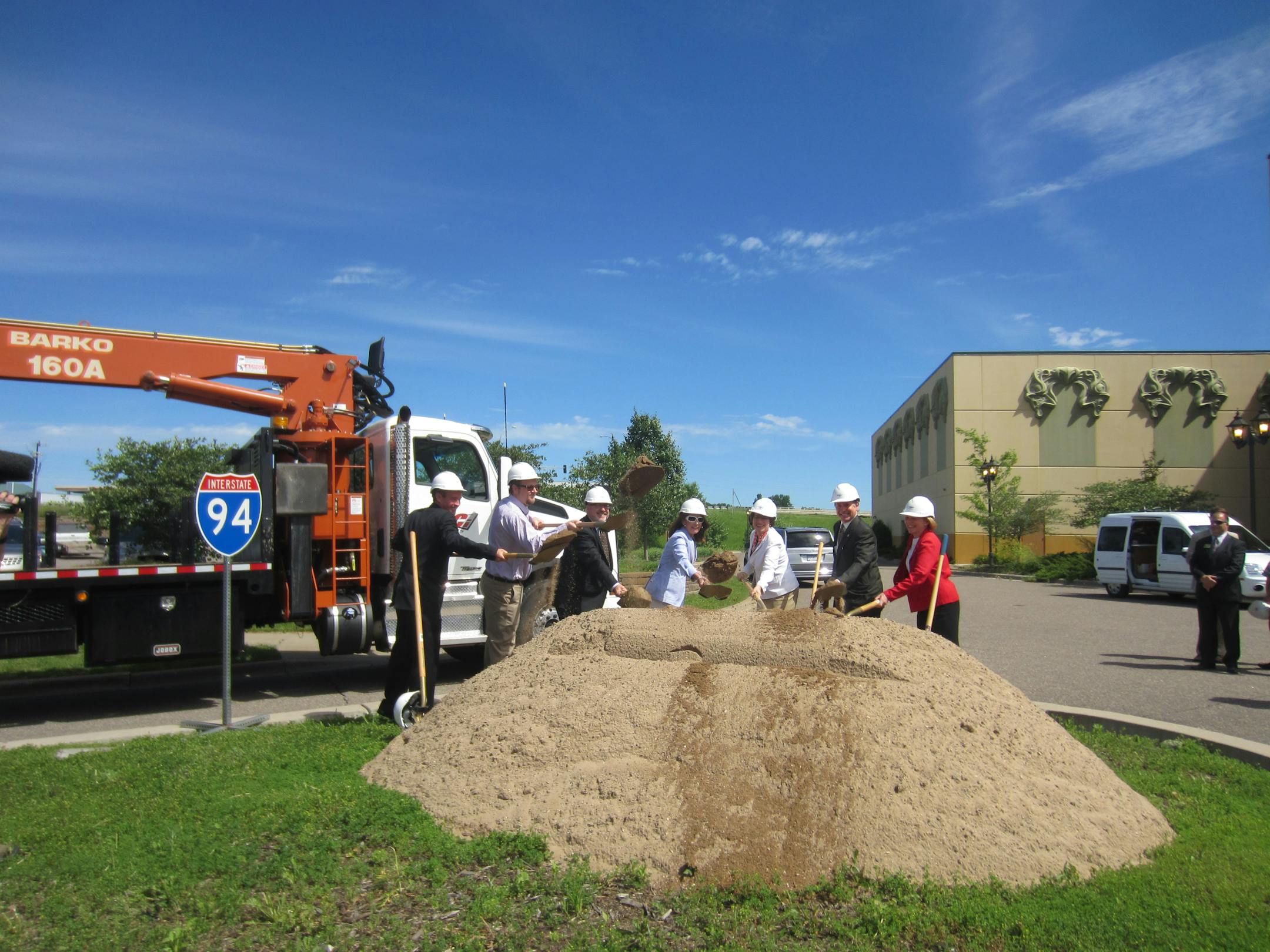 At Monday's groundbreaking on a $28.3 million expansion of Interstate 94 to ease congestion over the Crow River between the cities of Rogers and St. Michael, were, from left, St. Michael city administrator Steve Bot, Rep. David Fitzsimmons, Rep. Frank Hornstein, Rep. Michele Bachmann, U.S. Sen. Amy Klobuchar, MnDOT Commissioner Charles Zelle and State Sen. Mary Kiffmeyer