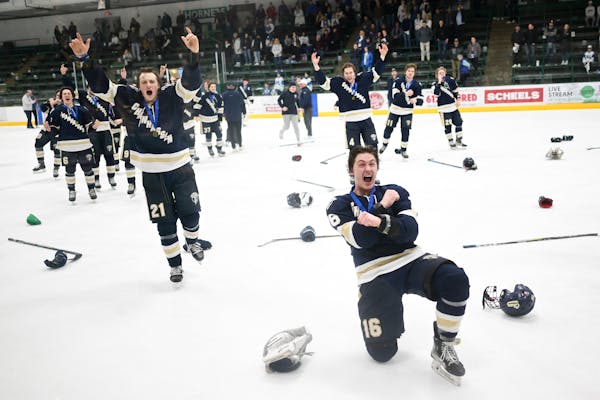 Chanhassen players, including forward Tyler Smith (16) and defenseman Ben Curtis (21), celebrate their 2-1 win over Minnetonka in the section final.