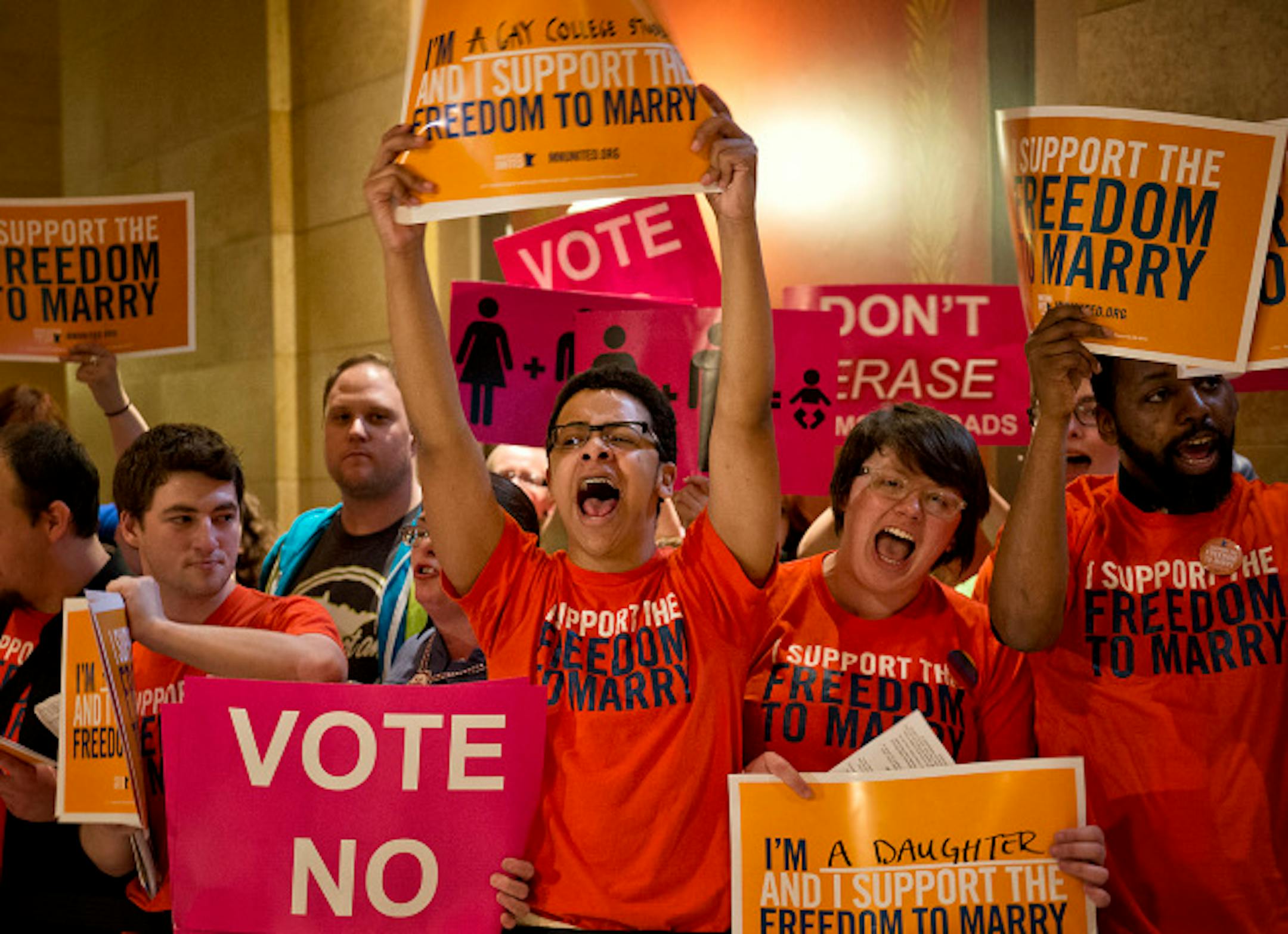 Advocates for both sides chanted, sang and pleaded as they lined the entrance to the House floor.  The House takes up the same-sex marriage bill today, Thursday, May 9, 2013    ]   GLEN STUBBE * gstubbe@startribune.com
