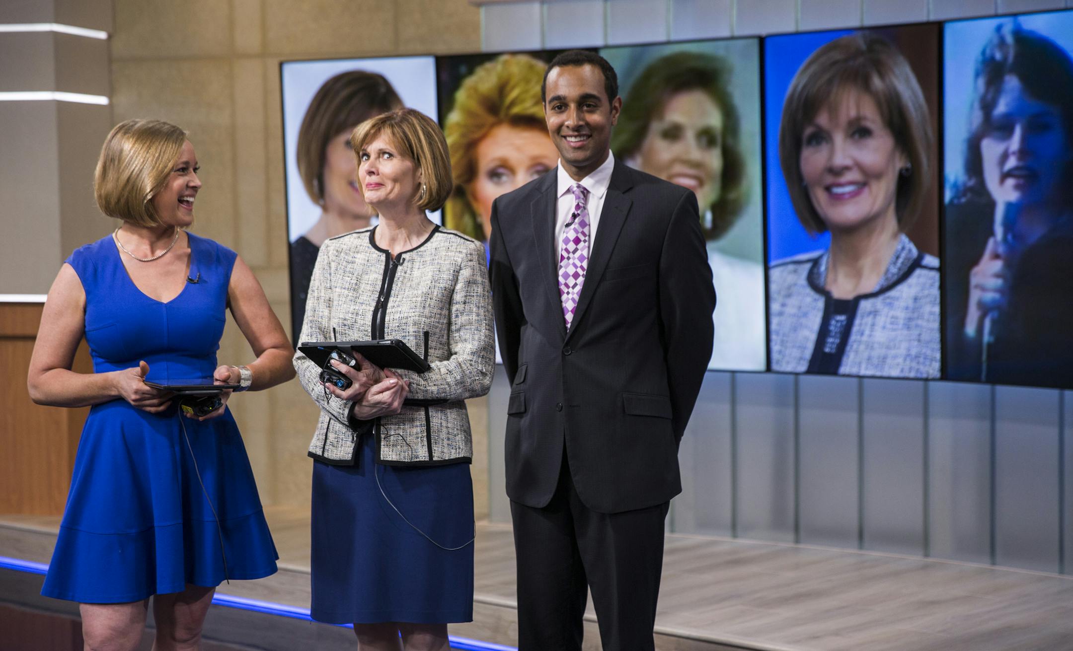 Diana Pierce, center, with co-anchor Karla Hult and meteorologist Jeffrey Edmonson, received a surprise tribute at the end of the 4 p.m. newscast Monday.