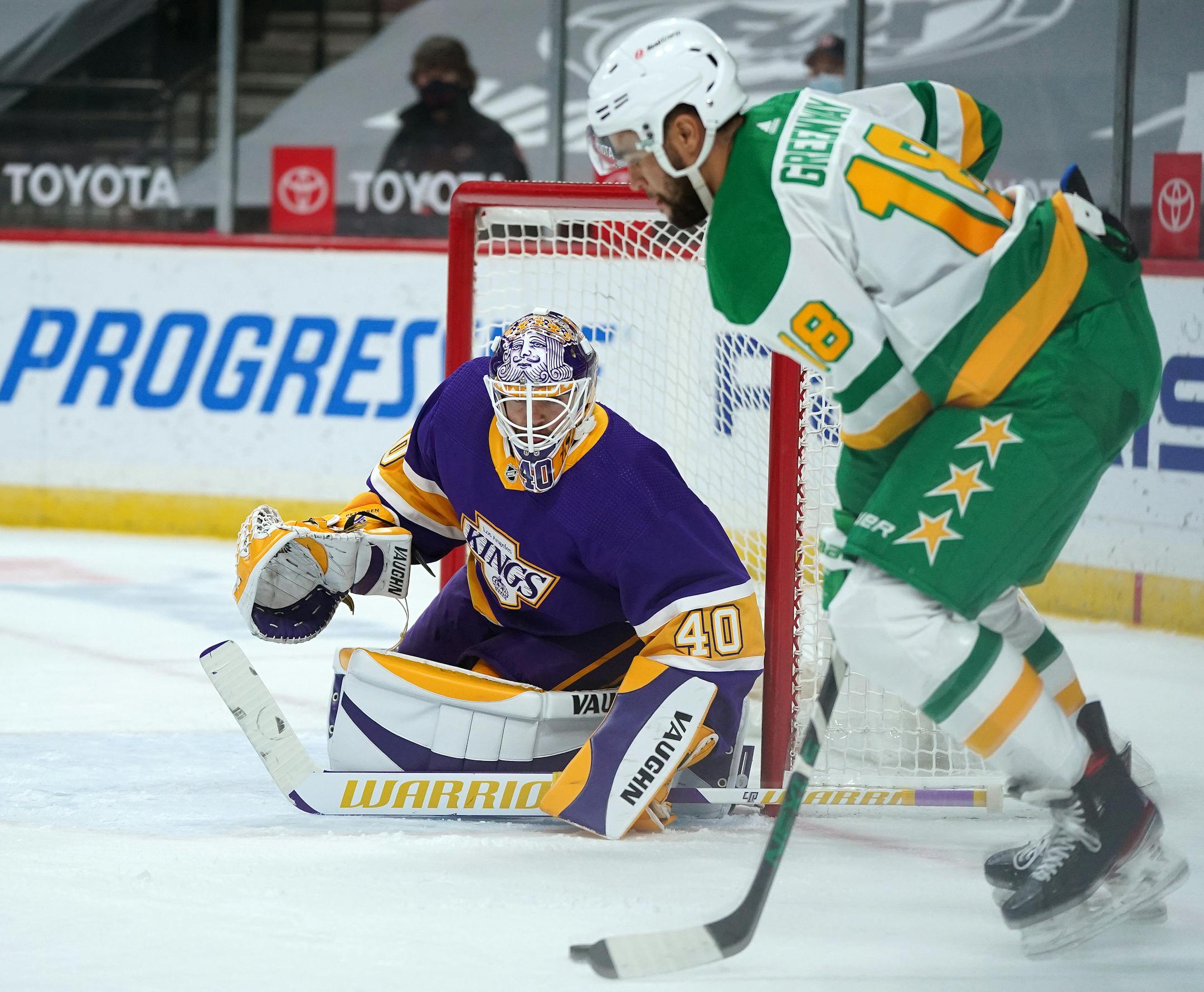 Minnesota Wild left wing Jordan Greenway (18) eyed a shot on Los Angeles Kings goaltender Calvin Petersen (40) in the second period. ] ANTHONY SOUFFLE • anthony.souffle@startribune.com