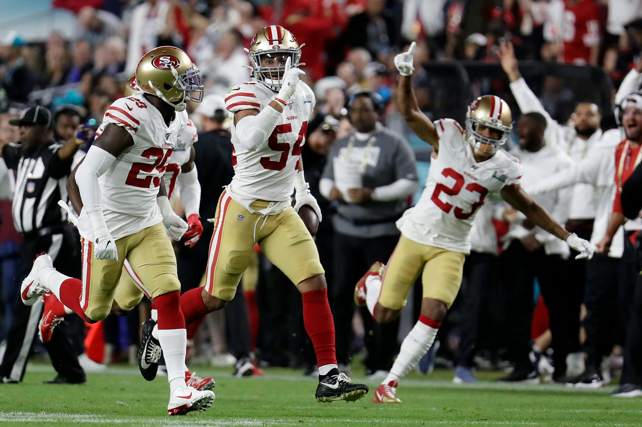 San Francisco 49ers' Fred Warner (54) celebrates after intercepting a pass against the Kansas City Chiefs during the second half of the NFL Super Bowl 54 football game Sunday, Feb. 2, 2020, in Miami Gardens, Fla.