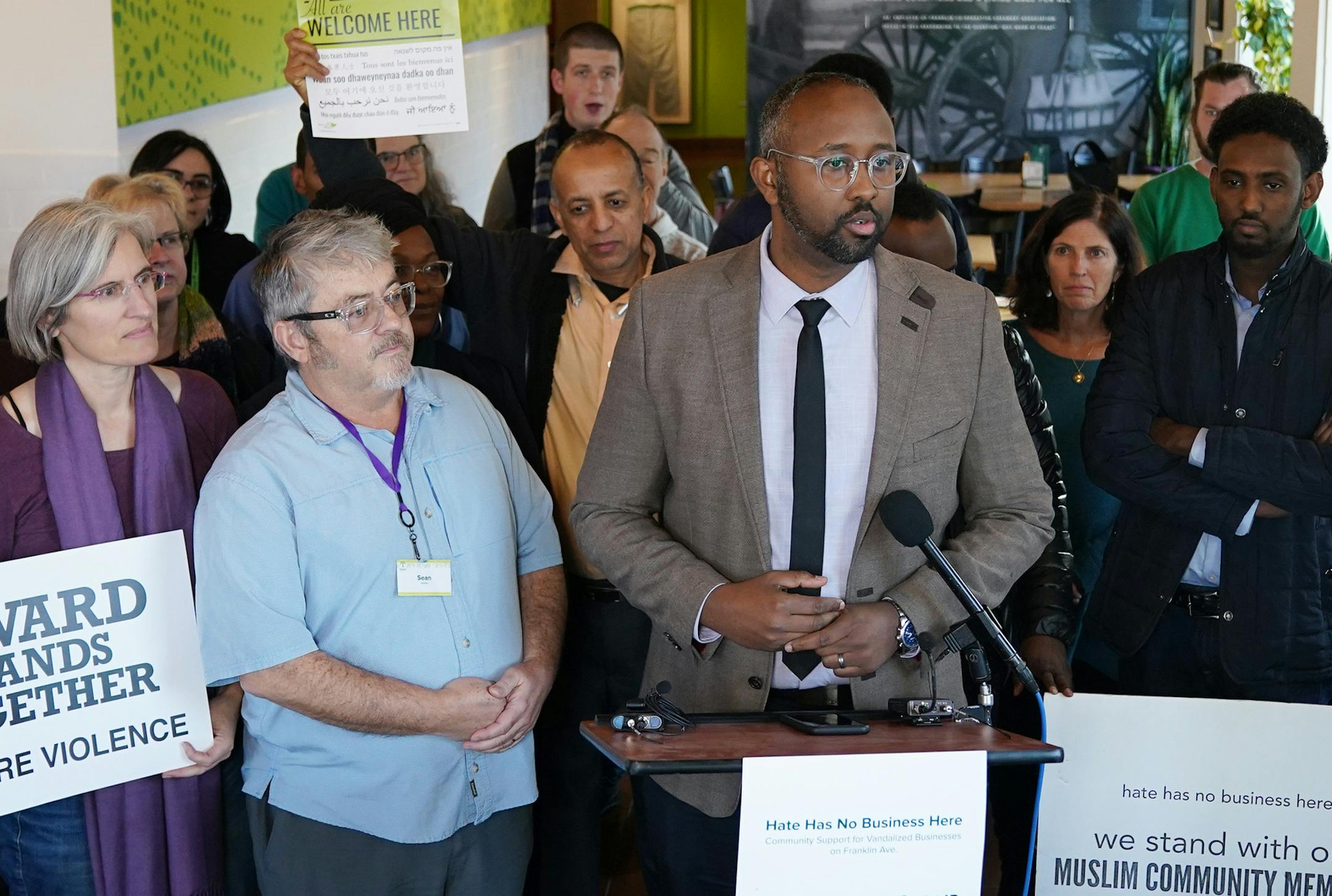 CAIR-MN executive director Jaylani Hussein spoke during a news conference to present community-collected funds to support vandalized East African immigrant businesses in the neighborhood Friday. ] ANTHONY SOUFFLE • anthony.souffle@startribune.com CAIR-Minnesota, Main Street Alliance of Minnesota, and the Seward Community Co-op held a news conference to present community-collected funds to support vandalized East African immigrant businesses in the neighborhood Friday, Nov. 15, 2019 at the