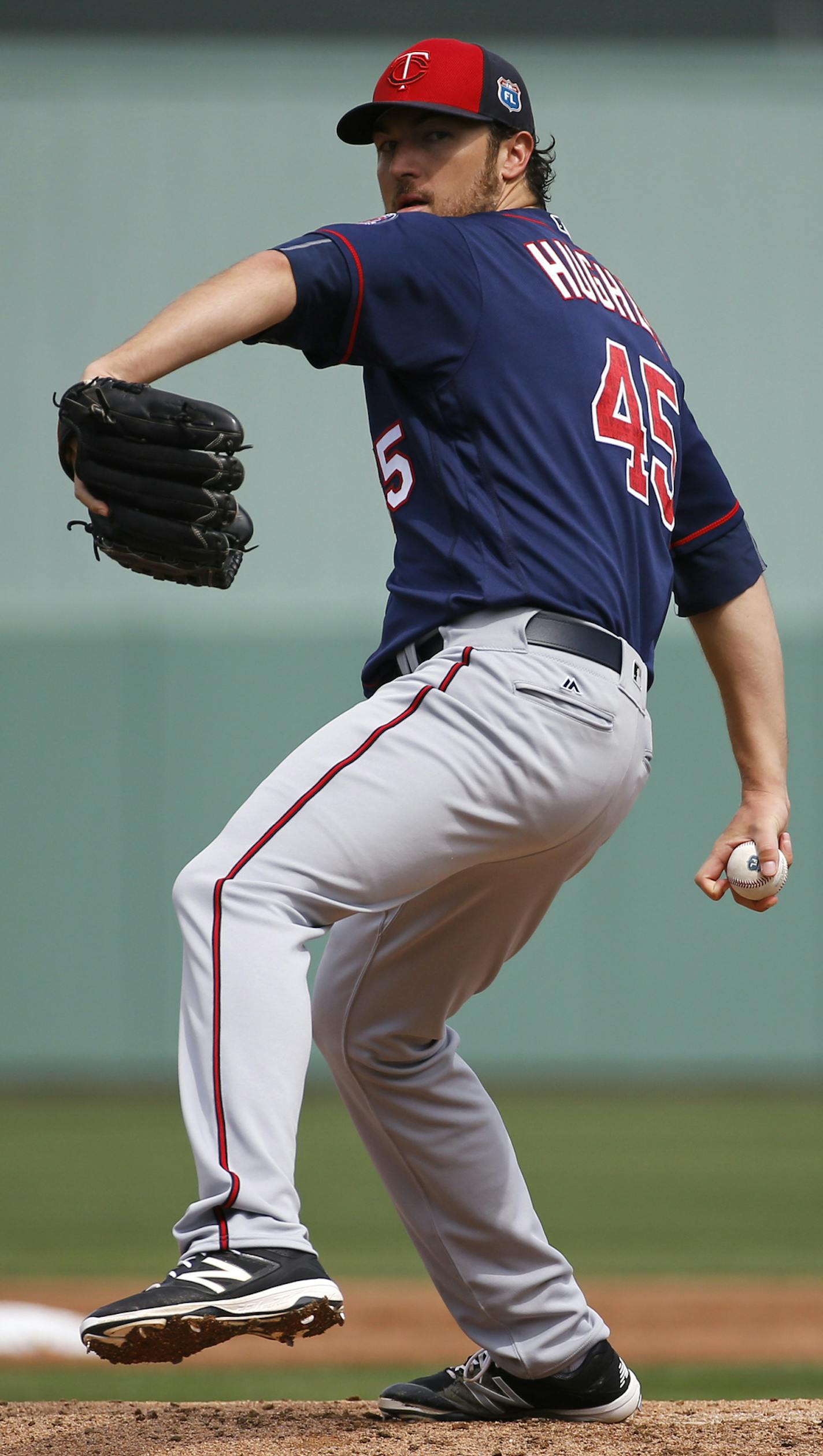 Minnesota Twins starting pitcher Phil Hughes throws a pitch between innings during a spring training baseball game against the Boston Red Sox in Fort Myers, Fla., Wednesday, March 2, 2016. (AP Photo/Patrick Semansky) ORG XMIT: OTK