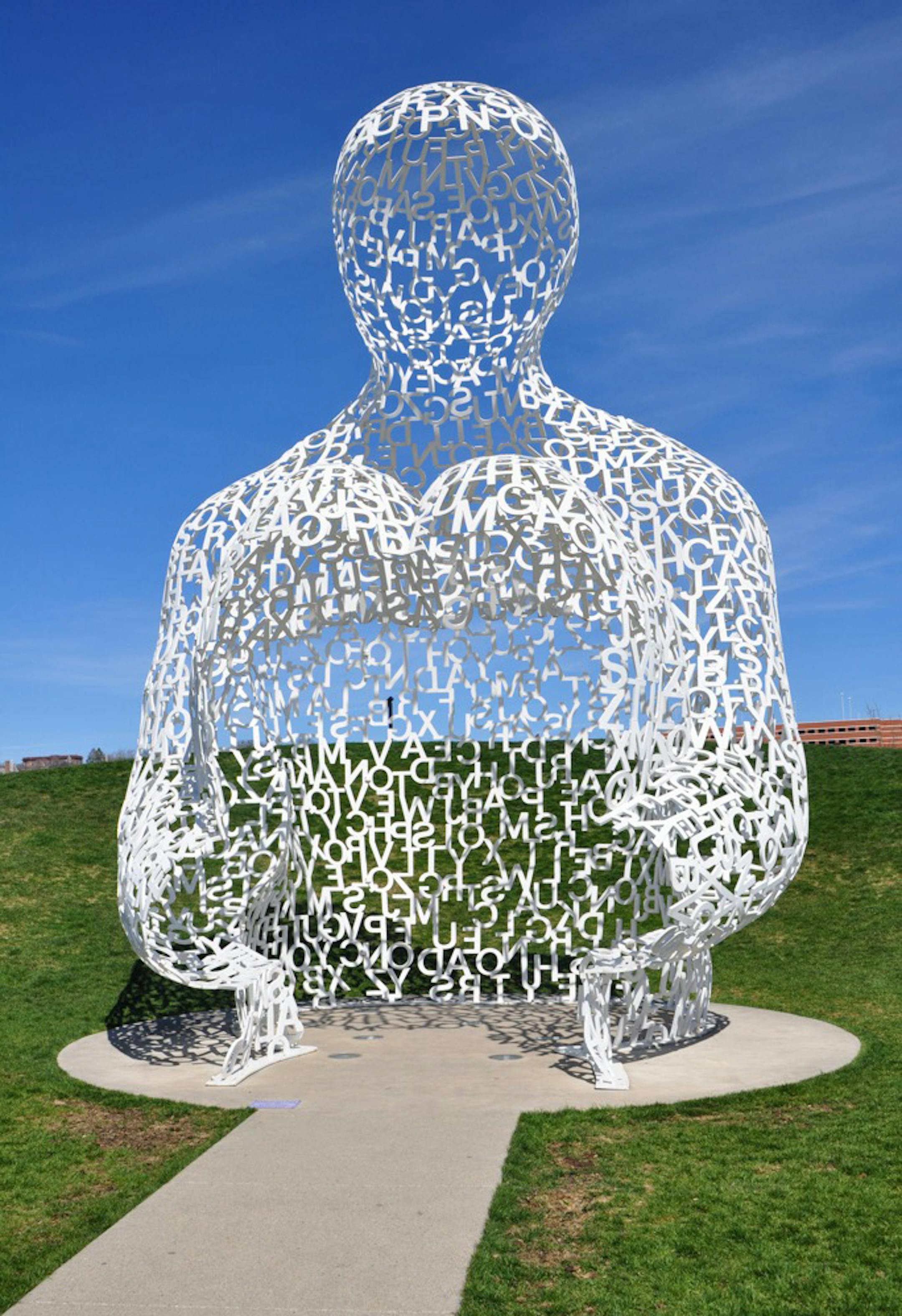 “Nomade,” by Spanish artist Jaume Plensa, is a 27- by 17-foot human torso assembled from large white letters.