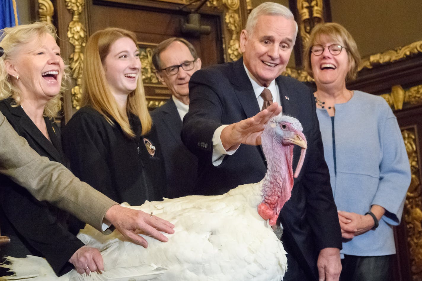 Governor Dayton and Lt. Governor Tina Smith hosted the annual Turkey event in the Governor's reception room. Minnesota, the nation's largest turkey producer does not pardon its turkeys. ] GLEN STUBBE &#x2022; glen.stubbe@startribune.com Friday, November 17, 2017 EDS, THIS IS A RELEASE ON TURKIES FROM GOVERNOR'S OFFICE. Minnesota turkey farmers raise 46 million turkeys annually, supporting 26,000 jobs ST. PAUL, MN &#x2013; Kicking off Thanksgiving Week in Minnesota this morning, Governor Mark Day