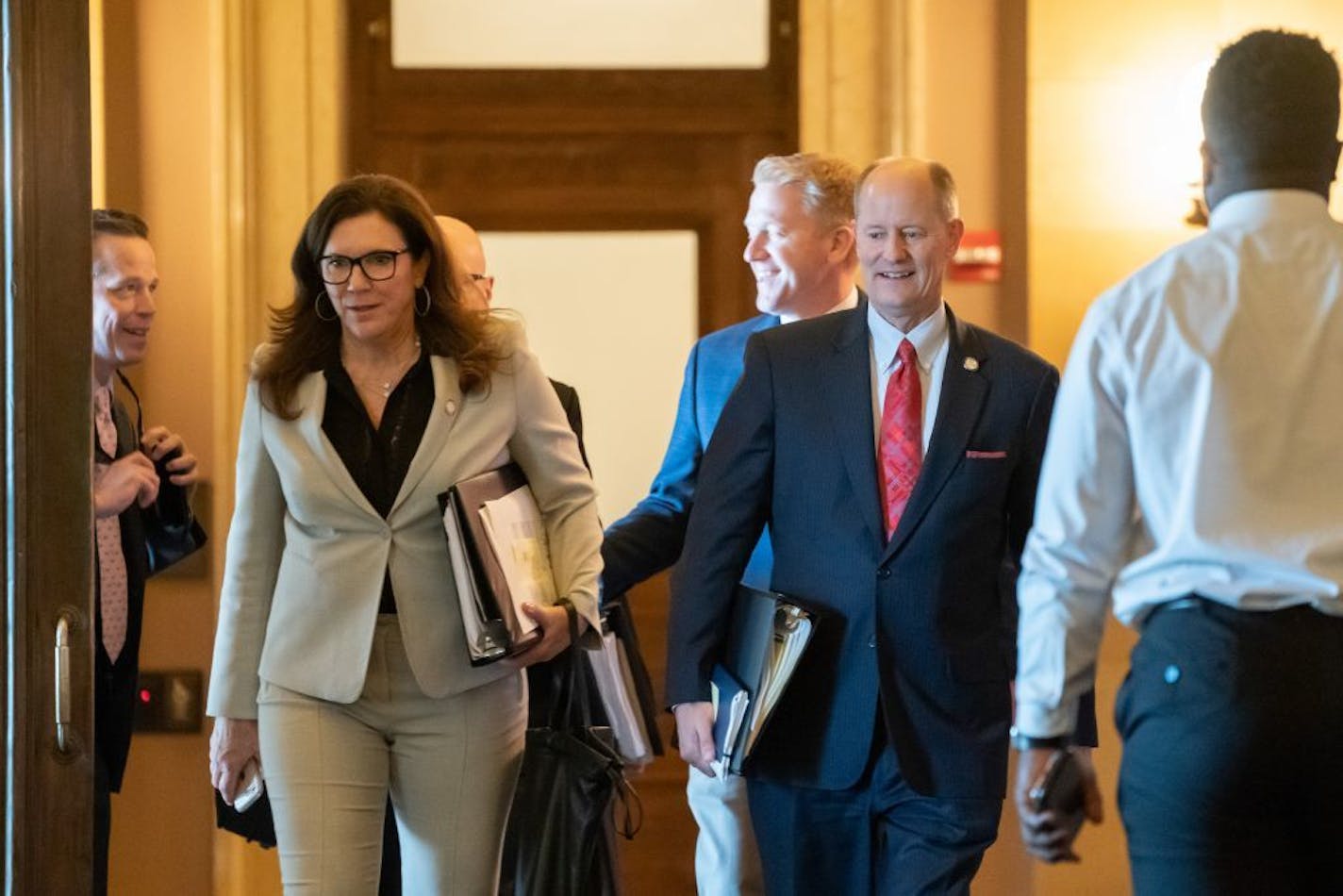 Sen. Julie Rosen, left, was the chief author of the Senate version of the opioid bill. Above, she left a negotiating session on May 15 with Senate Majority Leader Paul Gazelka. Republicans Senate Majority Leader Paul Gazelka and Finance Chair Senator Julie Rosen head into another round of MN State budget negotiations Wednesday morning.