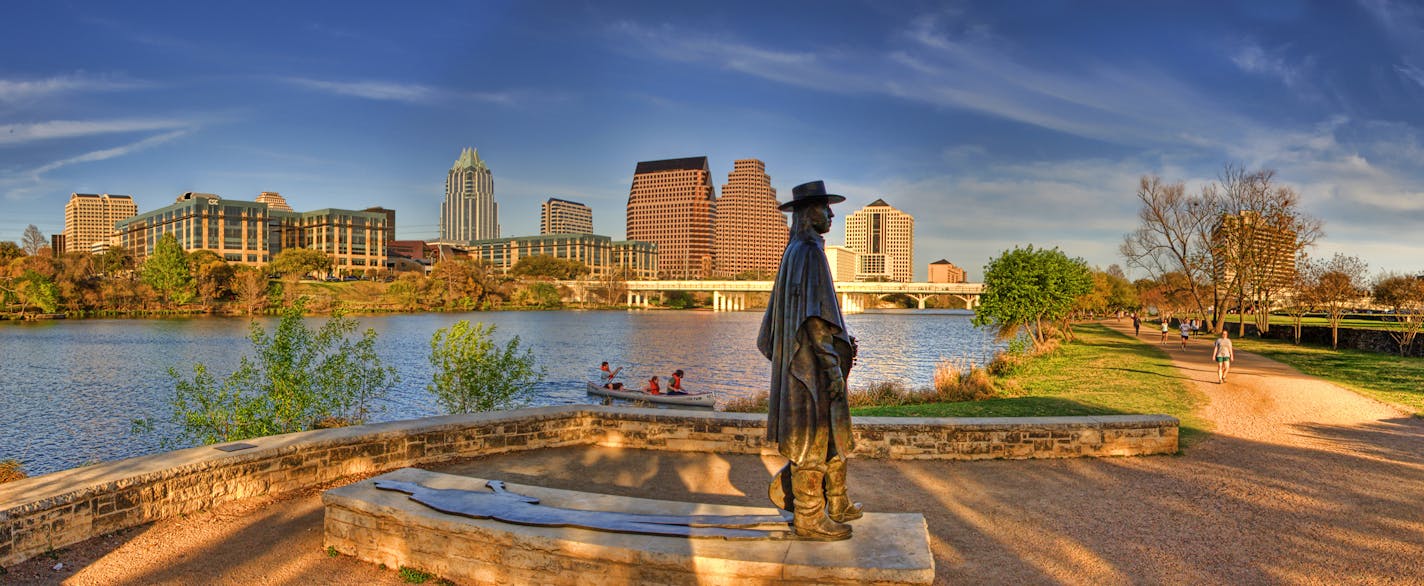 Panoramic photo of Stevie Ray Vaughan SRV Memorial on Town Lake in Austin, Texas, USA