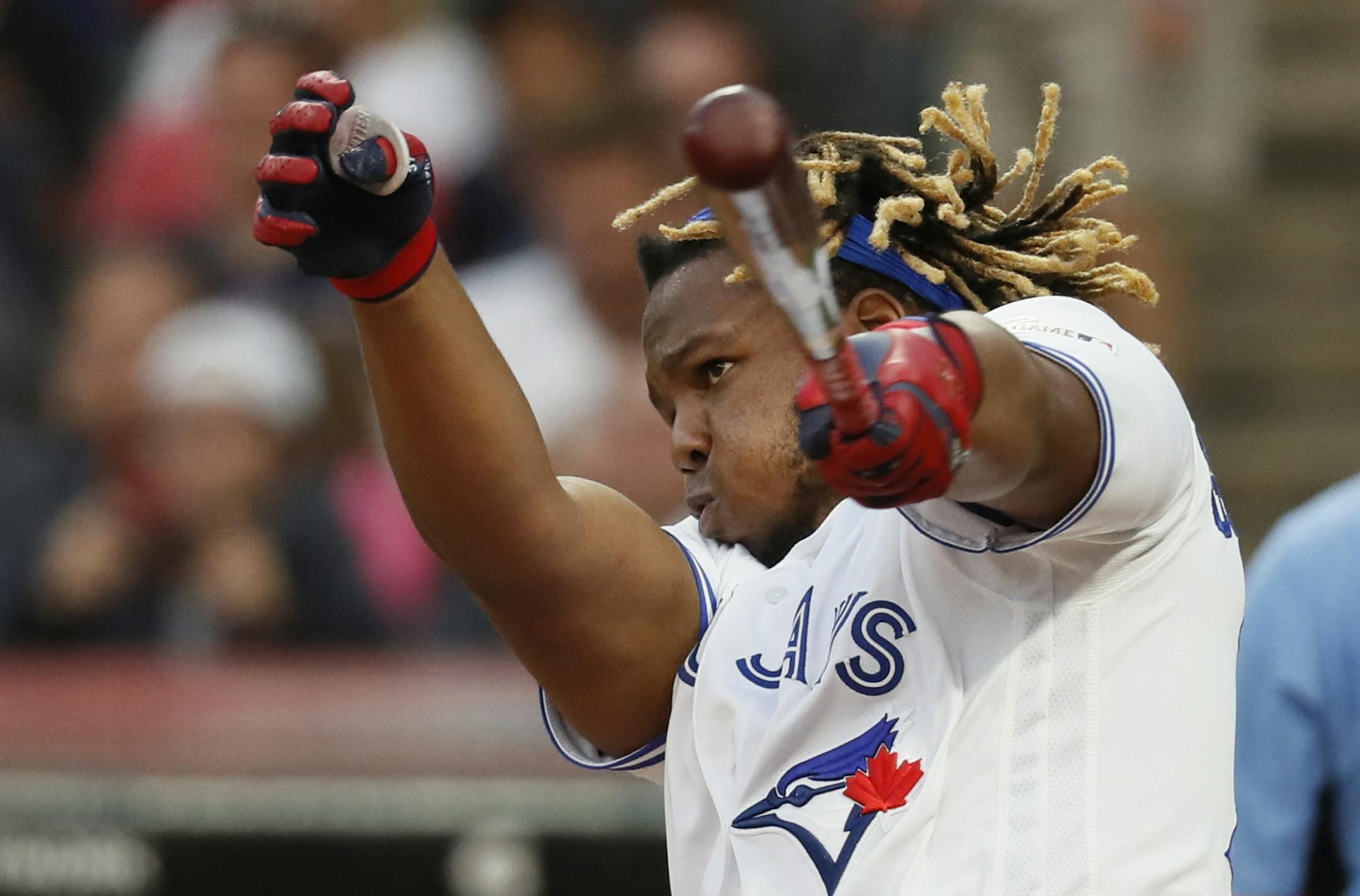 Vladimir Guerrero Jr., of the Toronto Blue Jays, hits during the Major League Baseball Home Run Derby, Monday, July 8, 2019, in Cleveland. The MLB baseball All-Star Game will be played Tuesday. (AP Photo/John Minchillo)