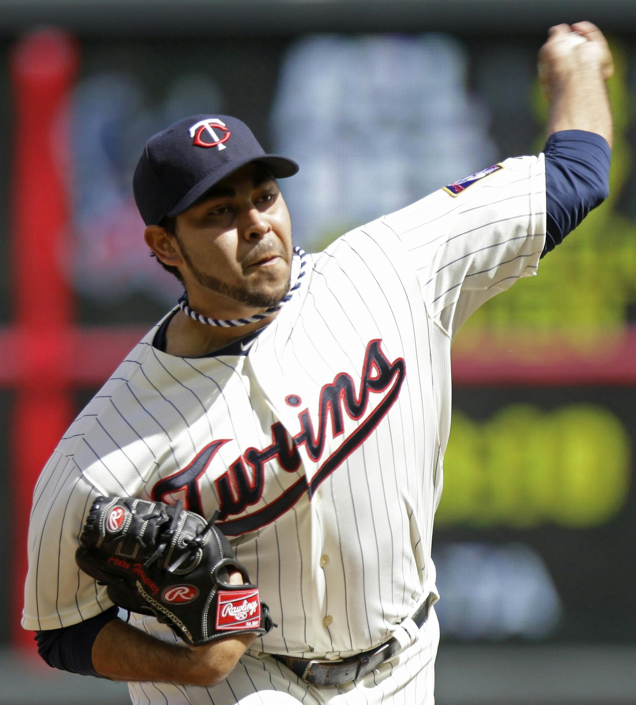 Minnesota Twins pitcher Pedro Hernandez throws against the Texas Rangers in the first inning of a baseball game on Saturday, April 27, 2013, in Mianneapolis. (AP Photo/Jim Mone) ORG XMIT: MIN2013042718374940