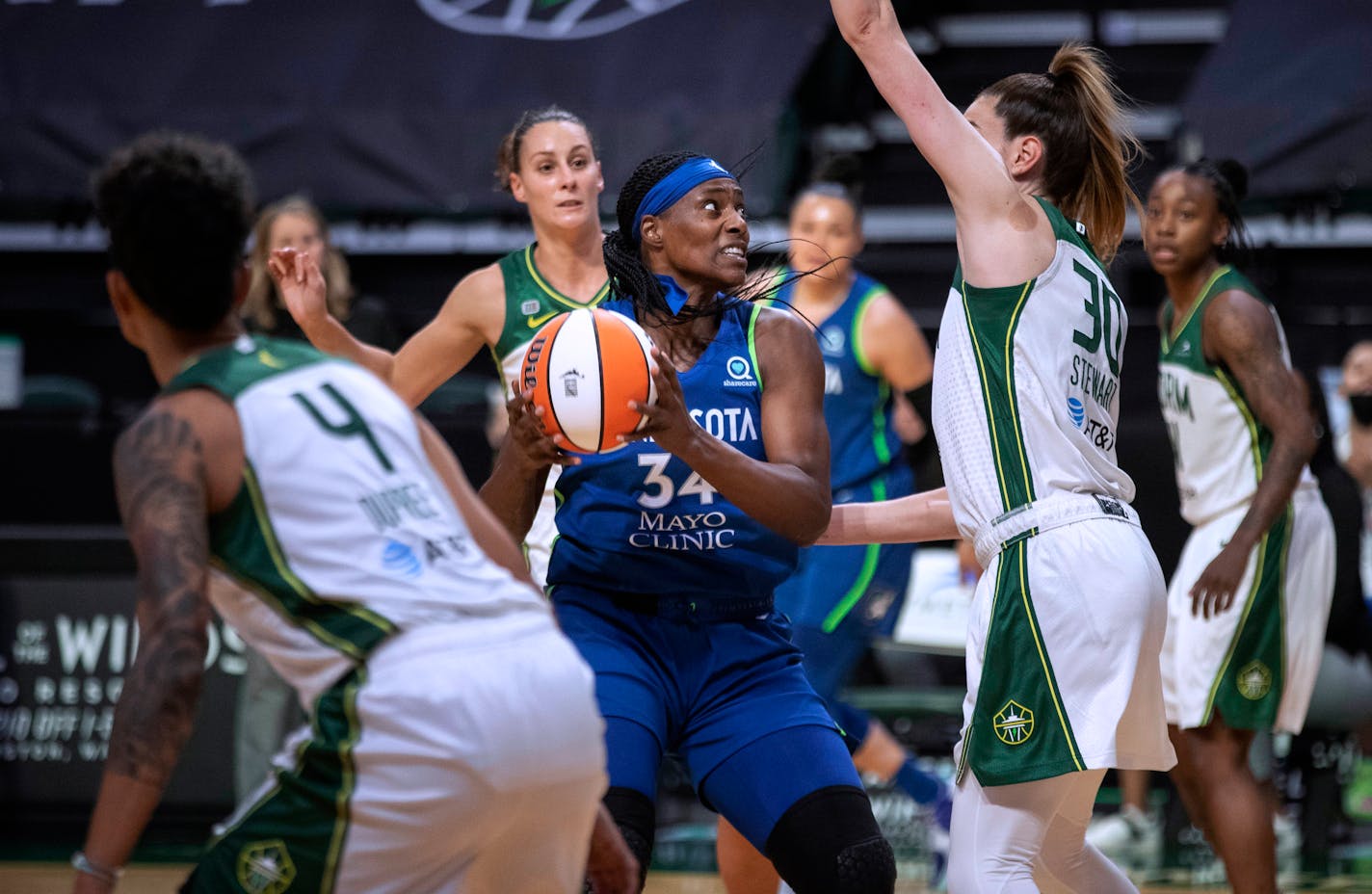 Sylvia Fowles had her path to the rim blocked by Seattle's Breanna Stewart during the first quarter