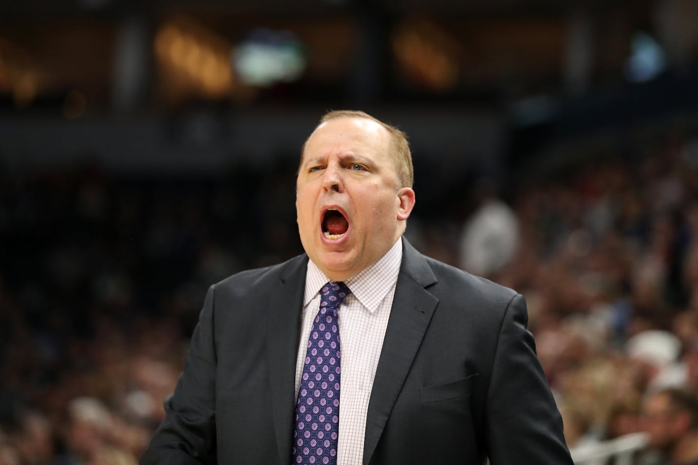 Minnesota Timberwolves head coach Tom Thibodeau yells during the second half.